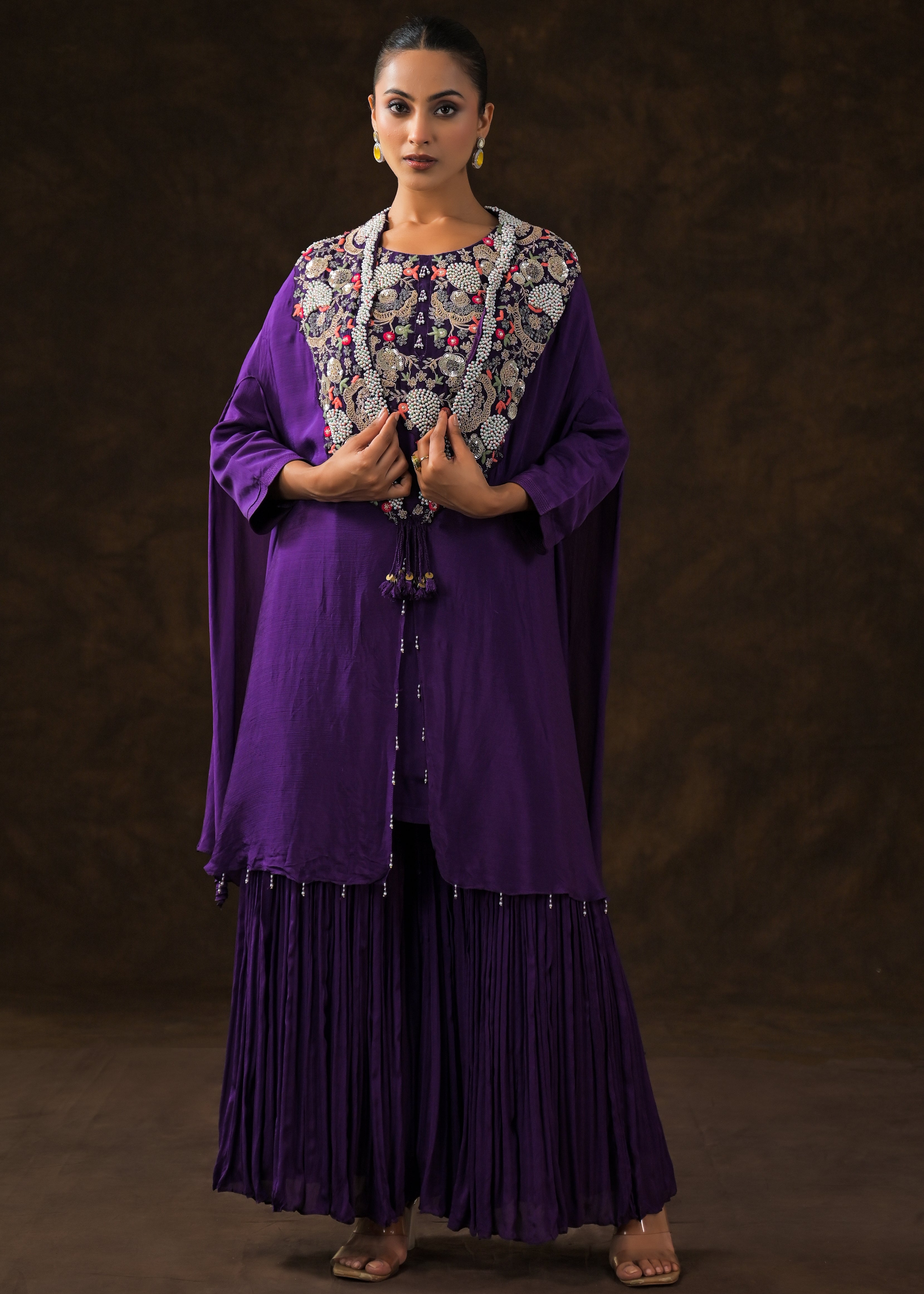 Regal Voilet Embellished Chinon Silk Sharara Set