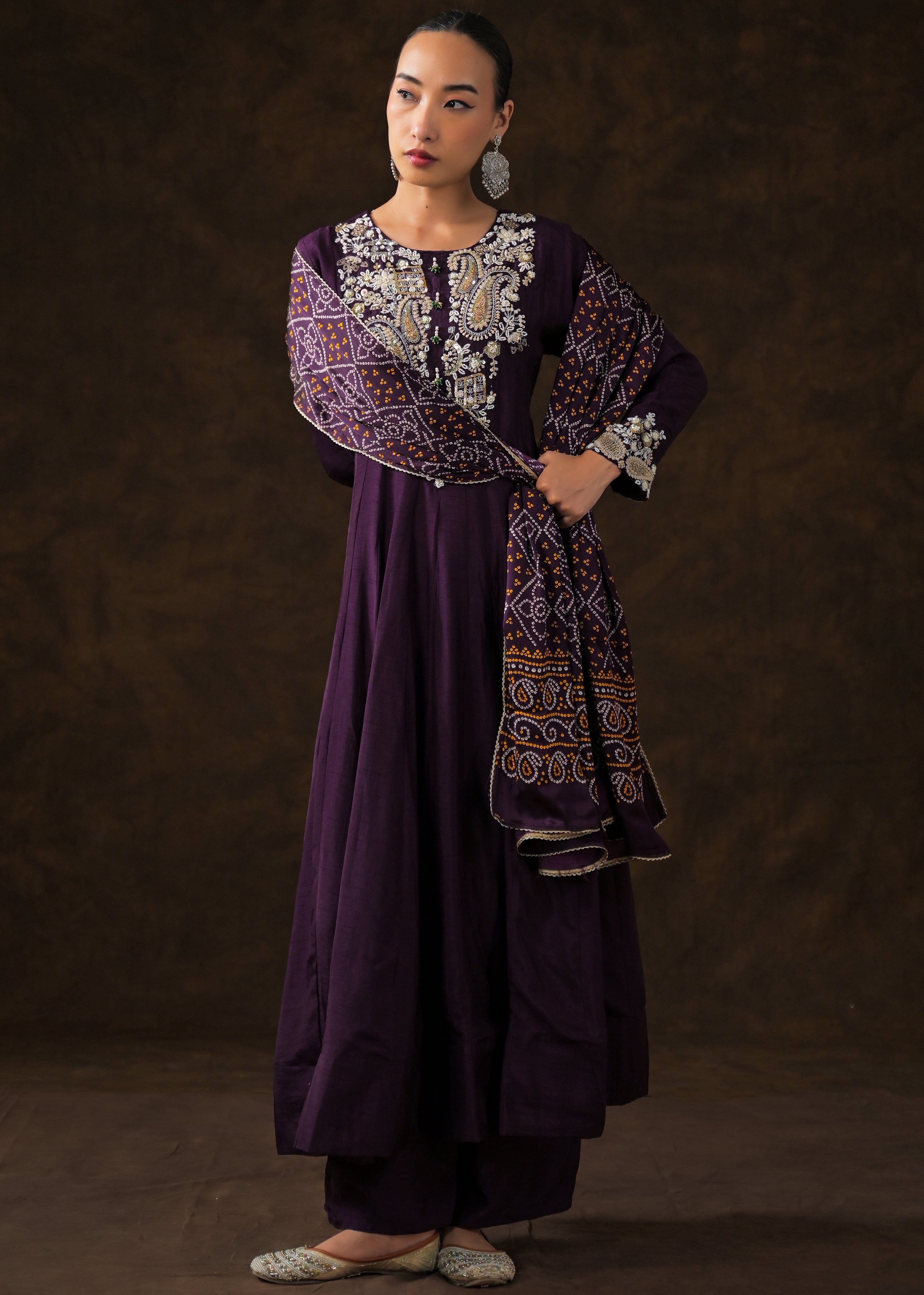 Plum Purple Embellished Raw Silk Anarkali Set
