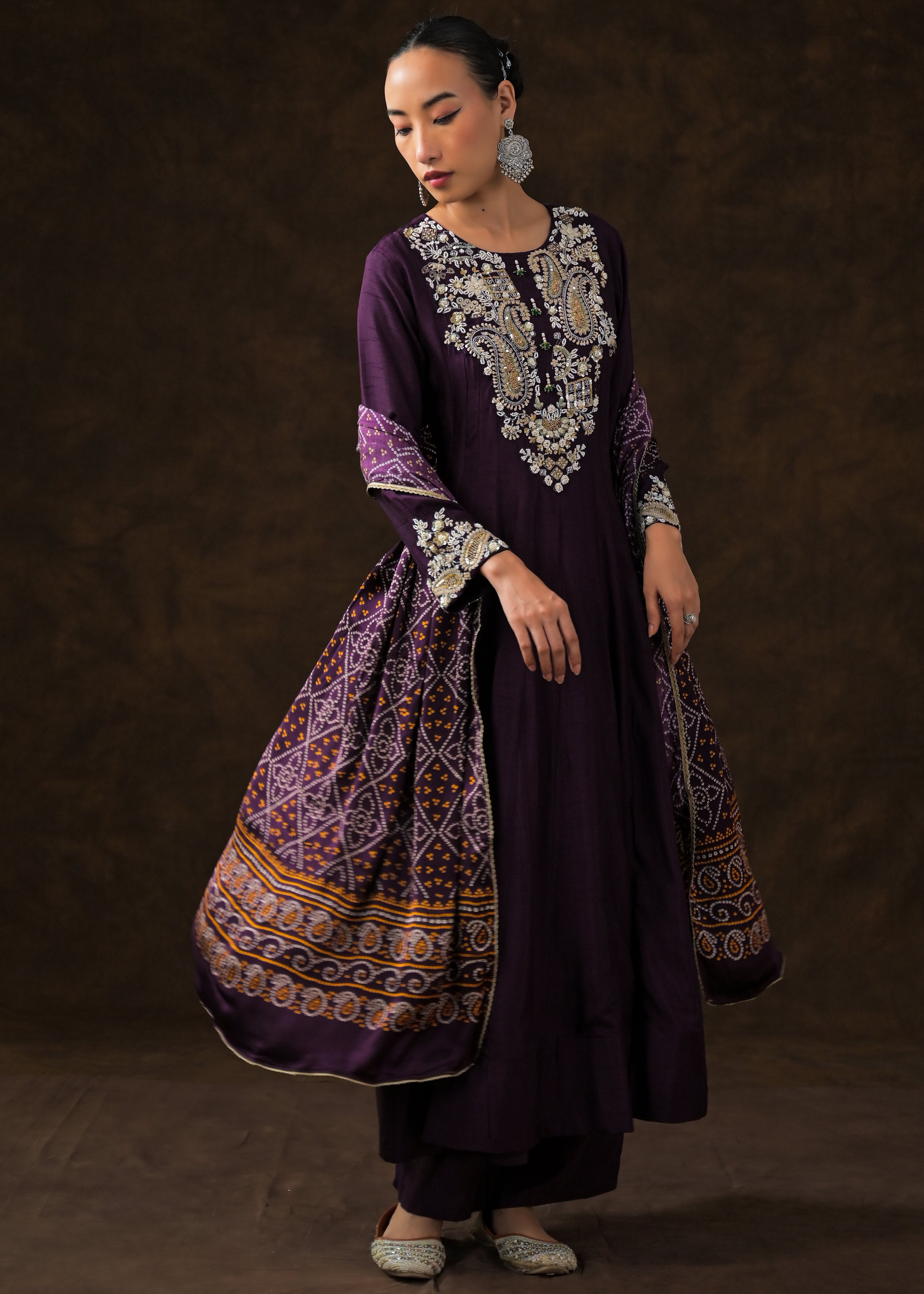 Plum Purple Embellished Raw Silk Anarkali Set