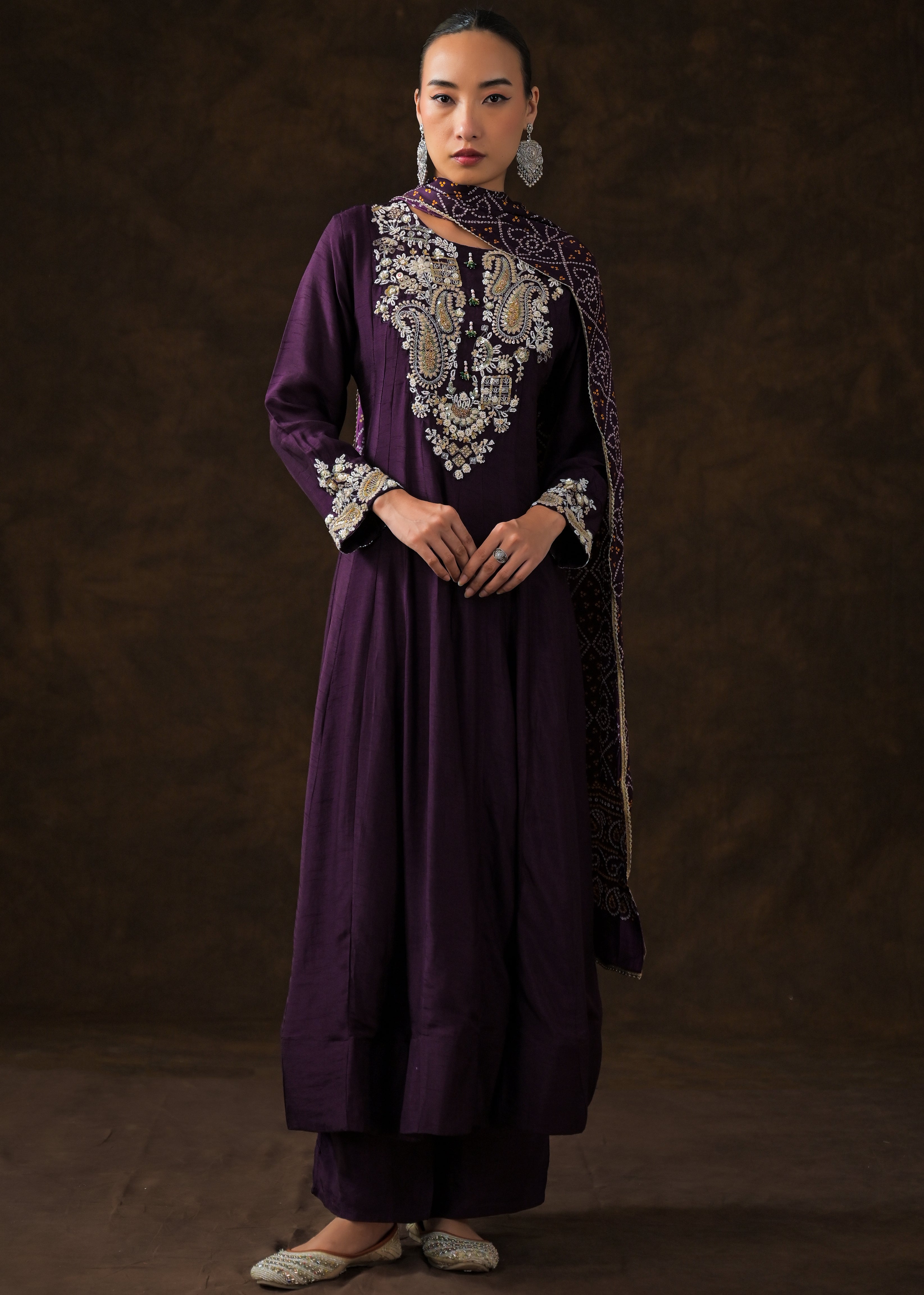 Plum Purple Embellished Raw Silk Anarkali Set
