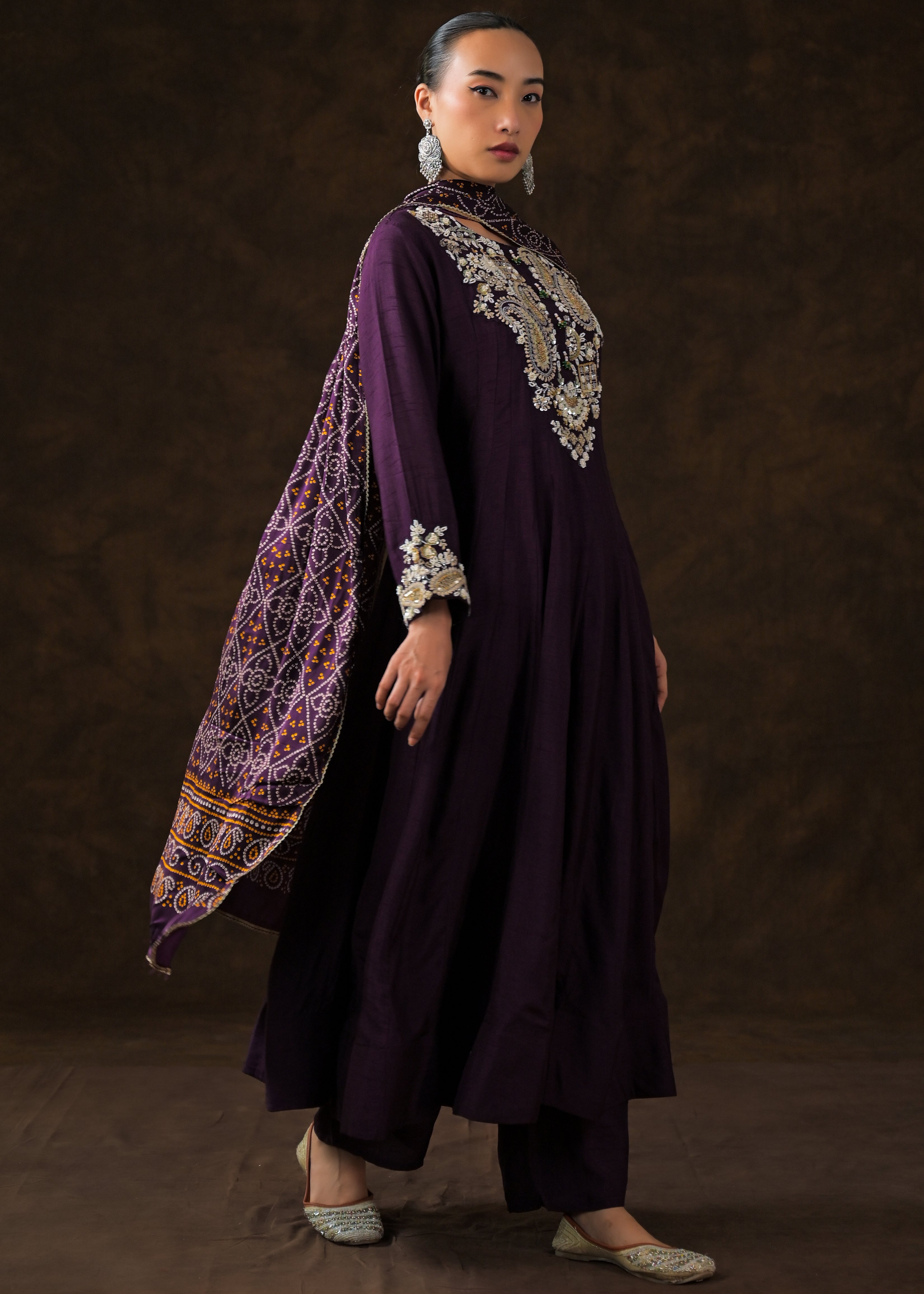 Plum Purple Embellished Raw Silk Anarkali Set
