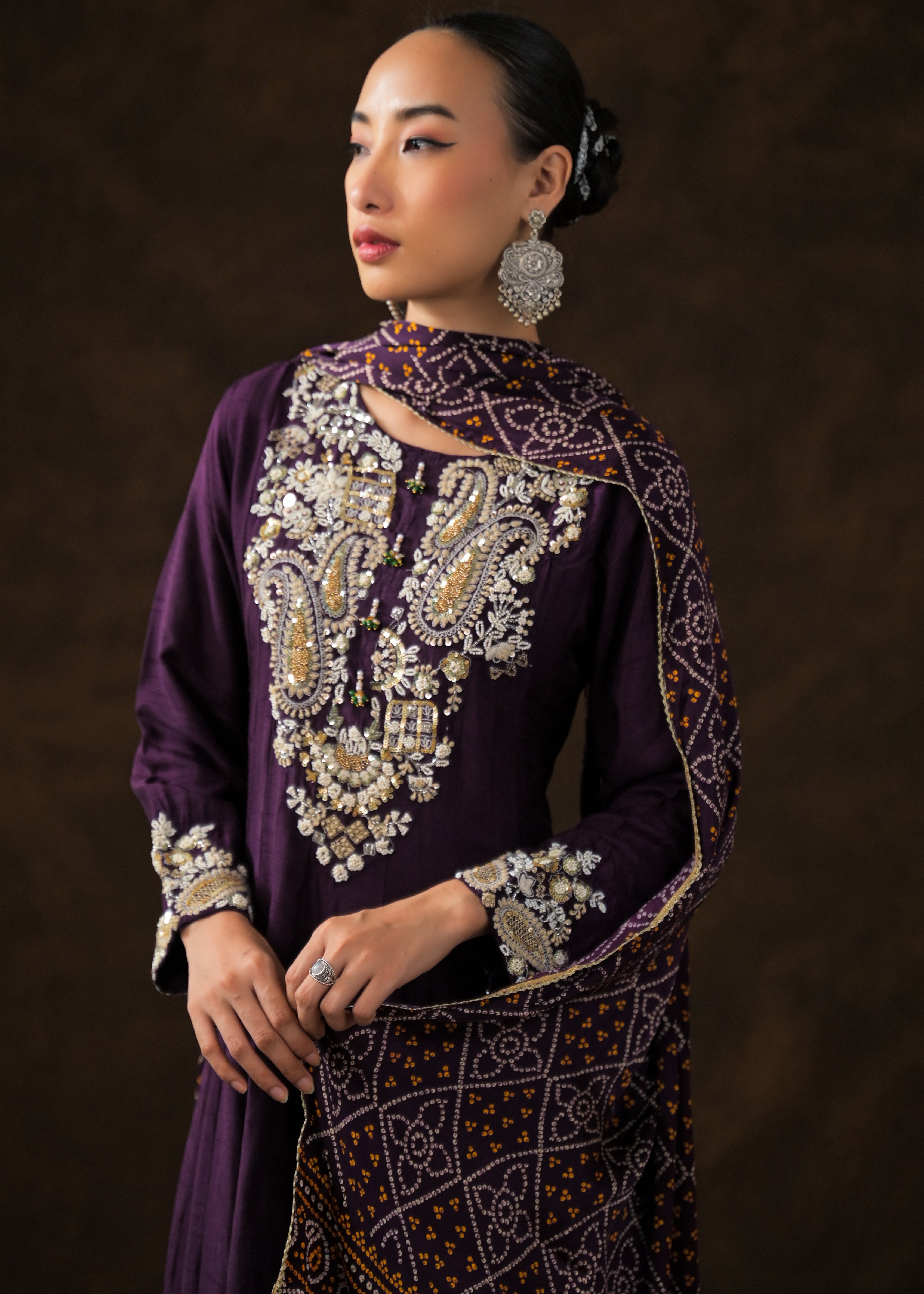 Plum Purple Embellished Raw Silk Anarkali Set