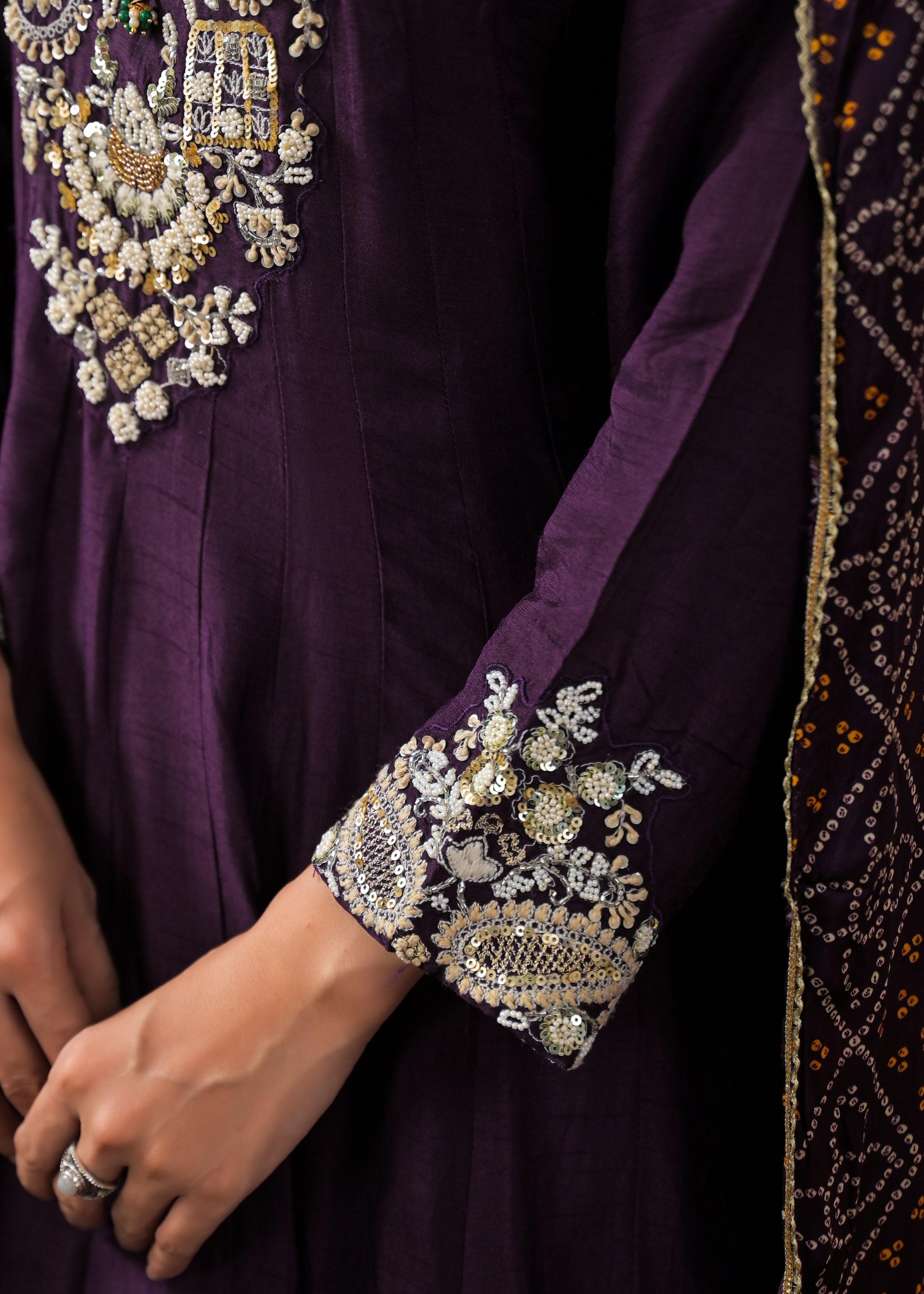 Plum Purple Embellished Raw Silk Anarkali Set