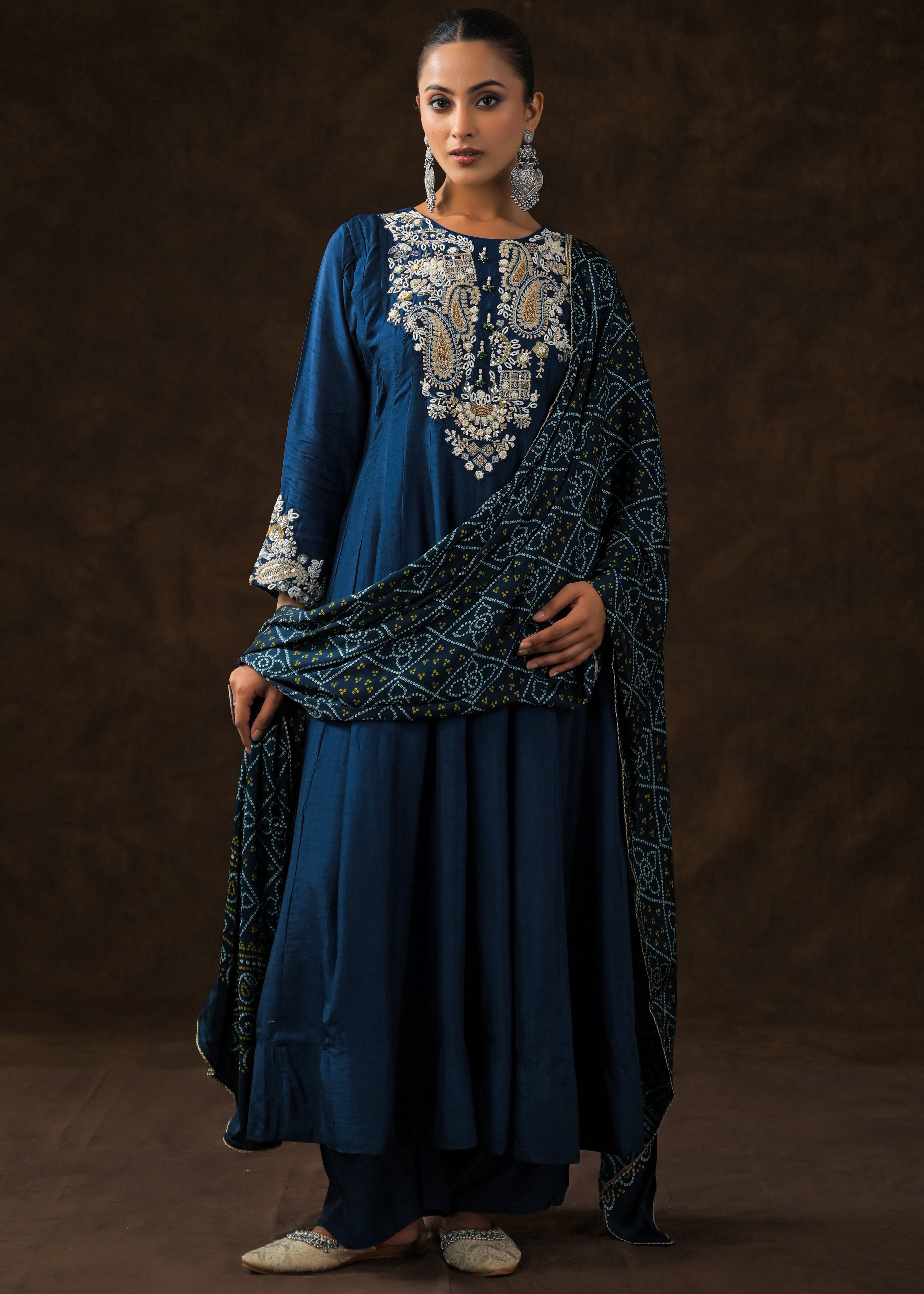 Teal Blue Embellished Raw Silk Anarkali Set