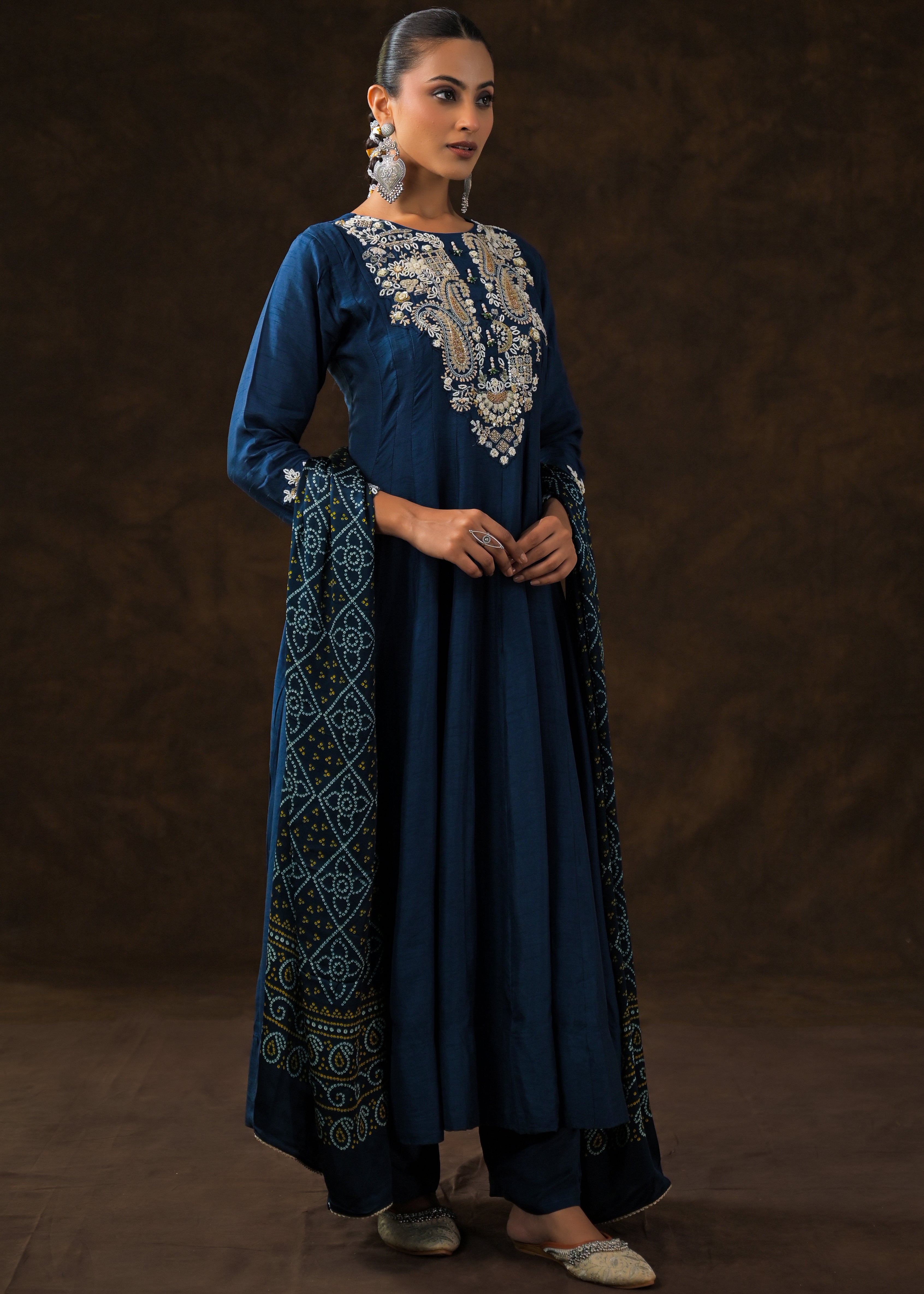 Teal Blue Embellished Raw Silk Anarkali Set