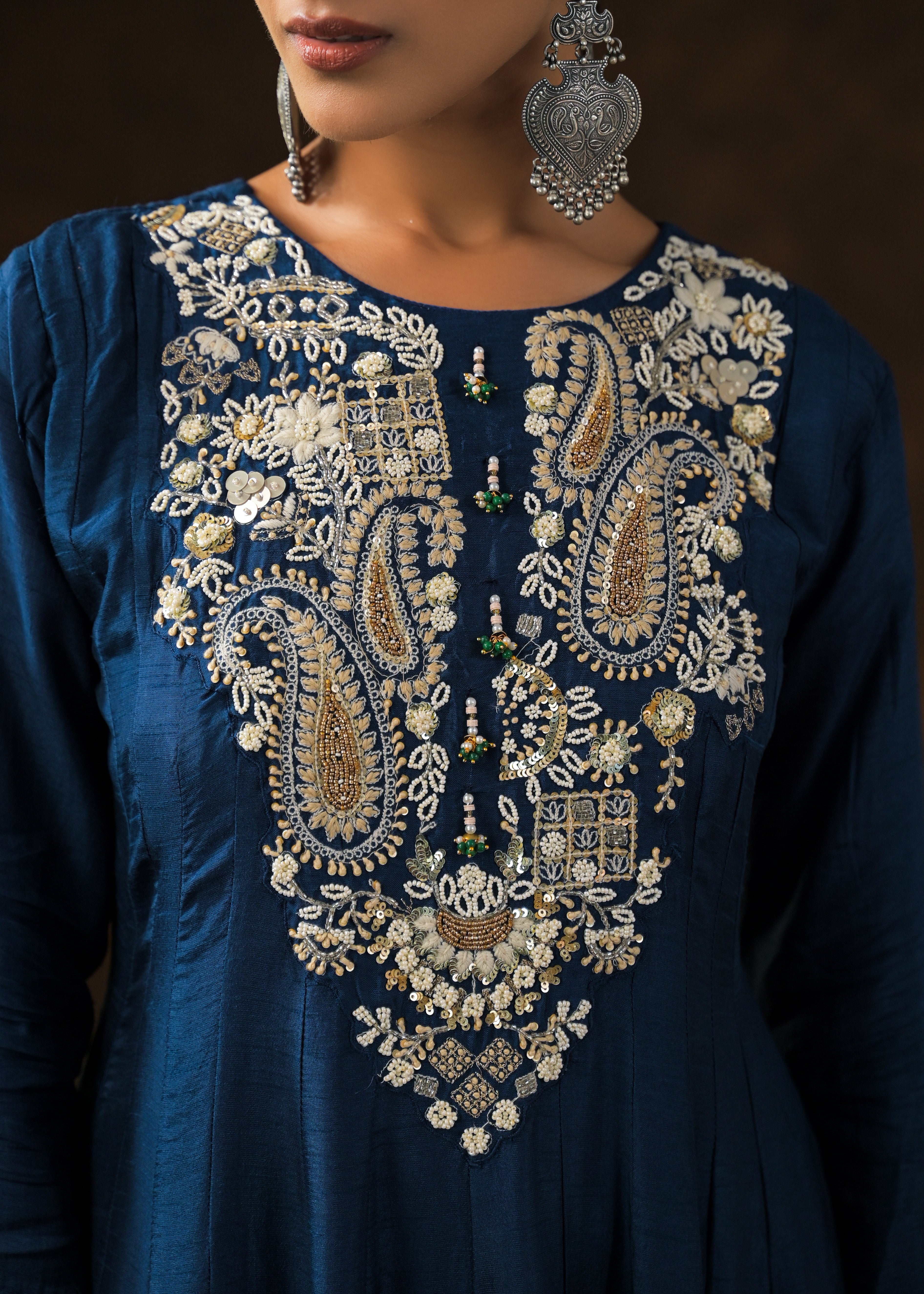 Teal Blue Embellished Raw Silk Anarkali Set