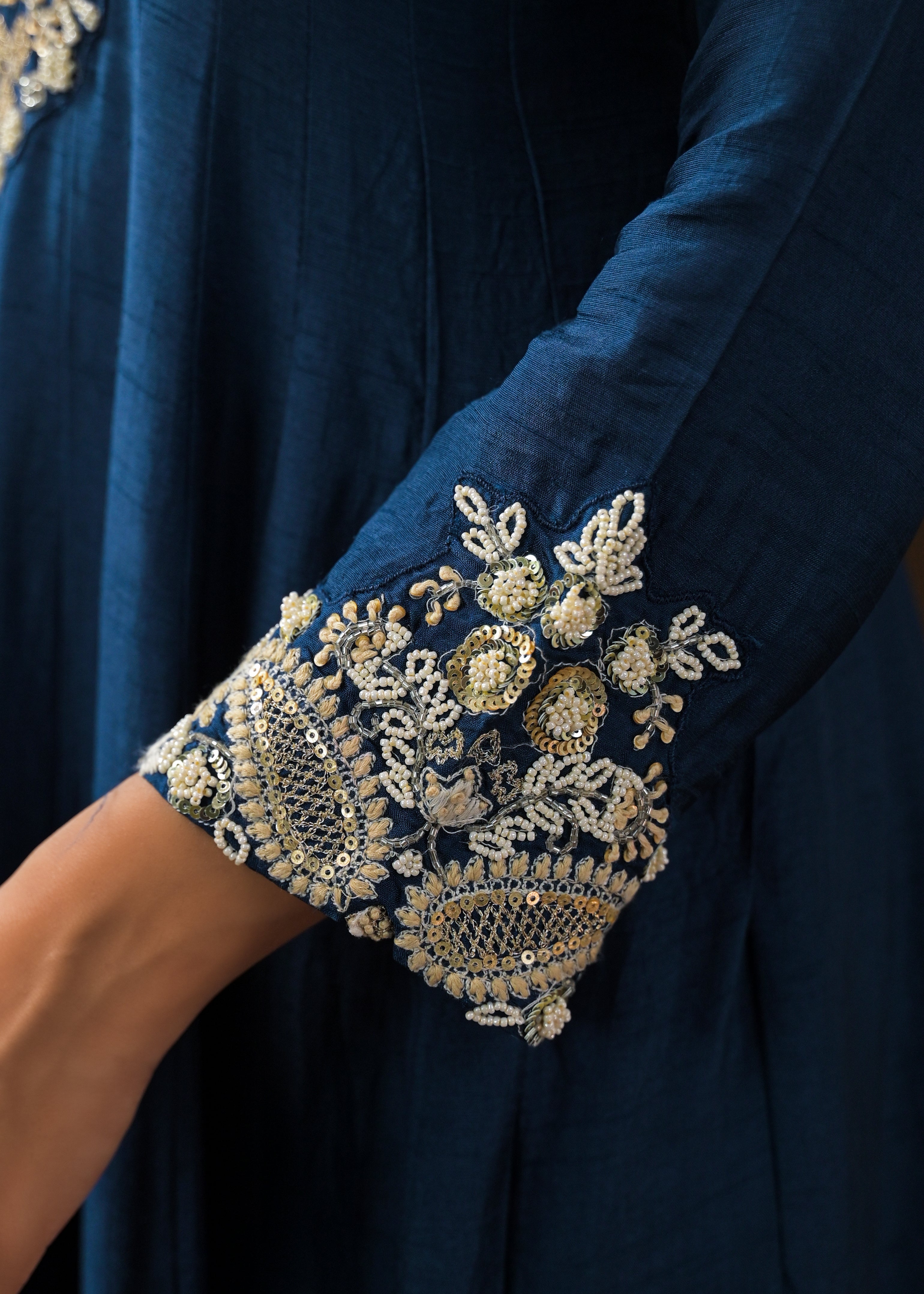 Teal Blue Embellished Raw Silk Anarkali Set