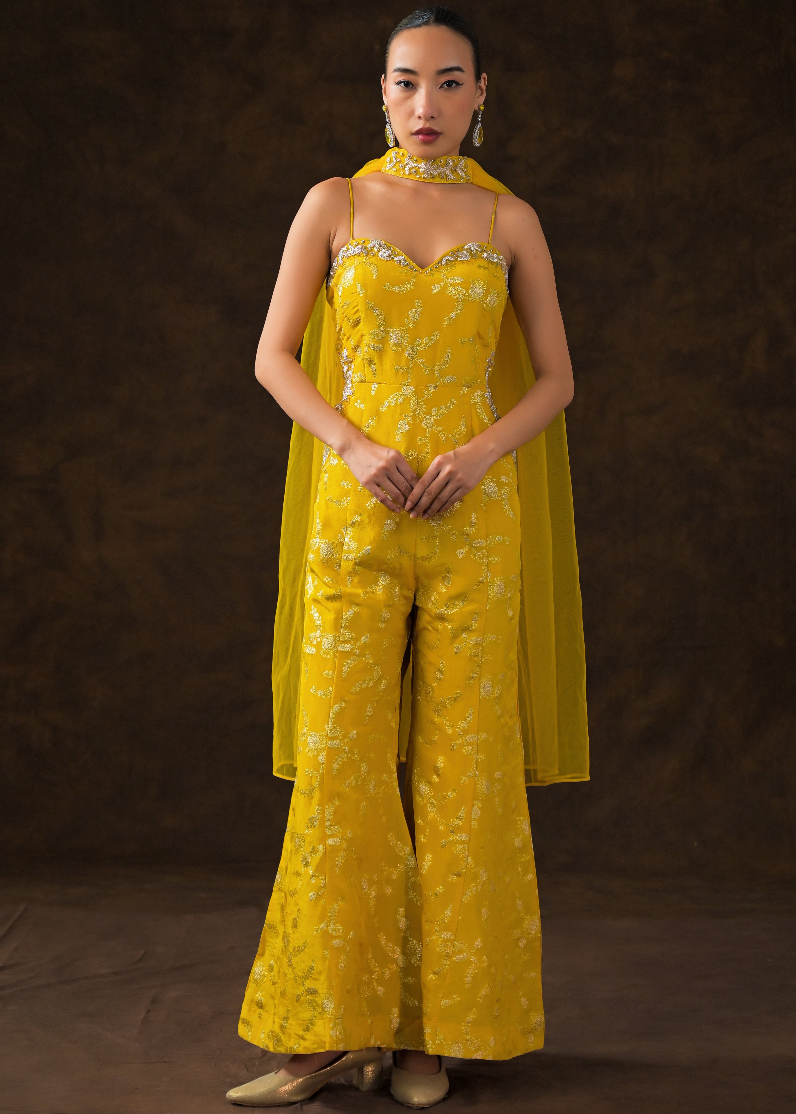 Canary Yellow Embellished Brocade Silk Jumpsuit Set