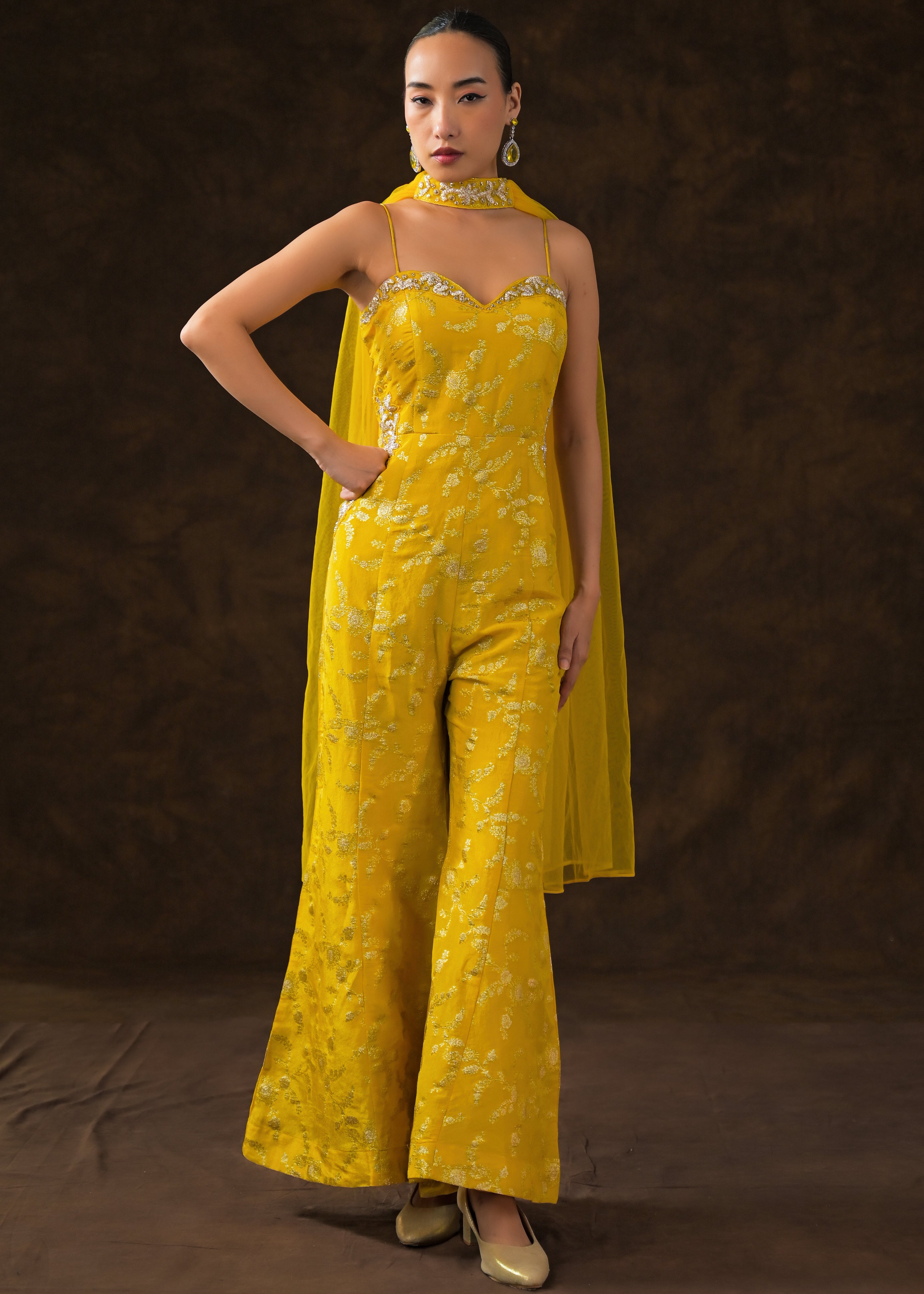 Canary Yellow Embellished Brocade Silk Jumpsuit Set