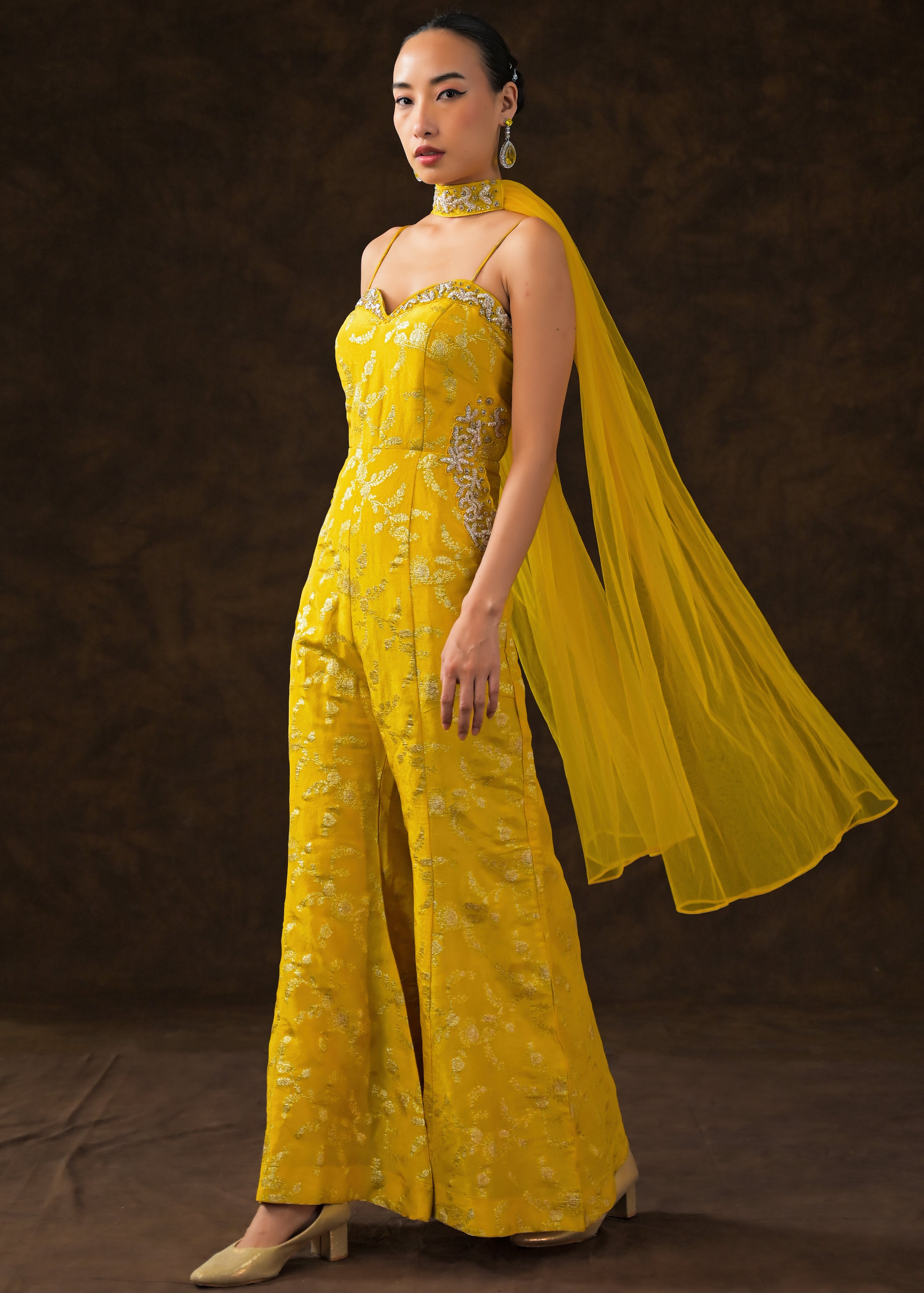 Canary Yellow Embellished Brocade Silk Jumpsuit Set