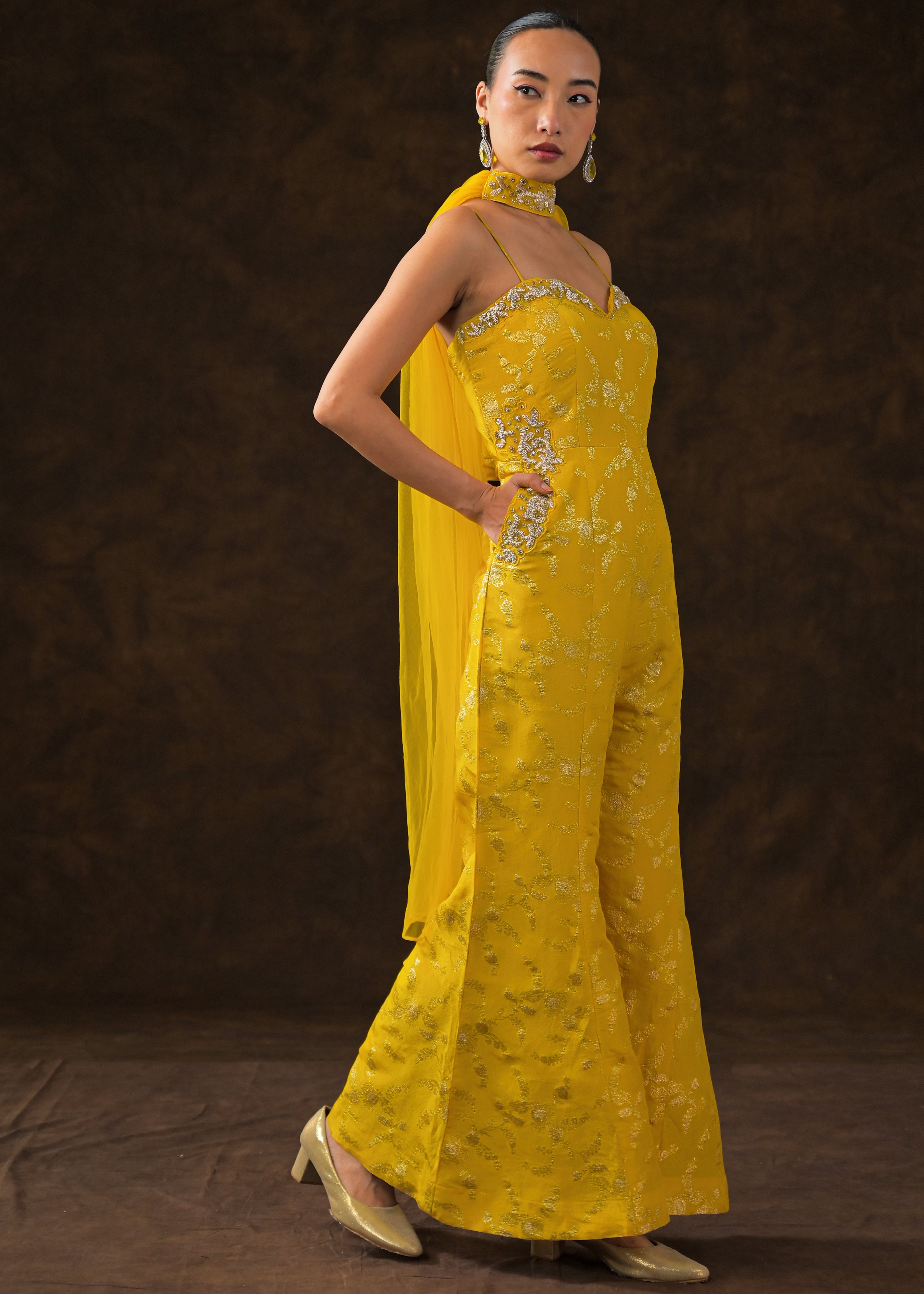 Canary Yellow Embellished Brocade Silk Jumpsuit Set