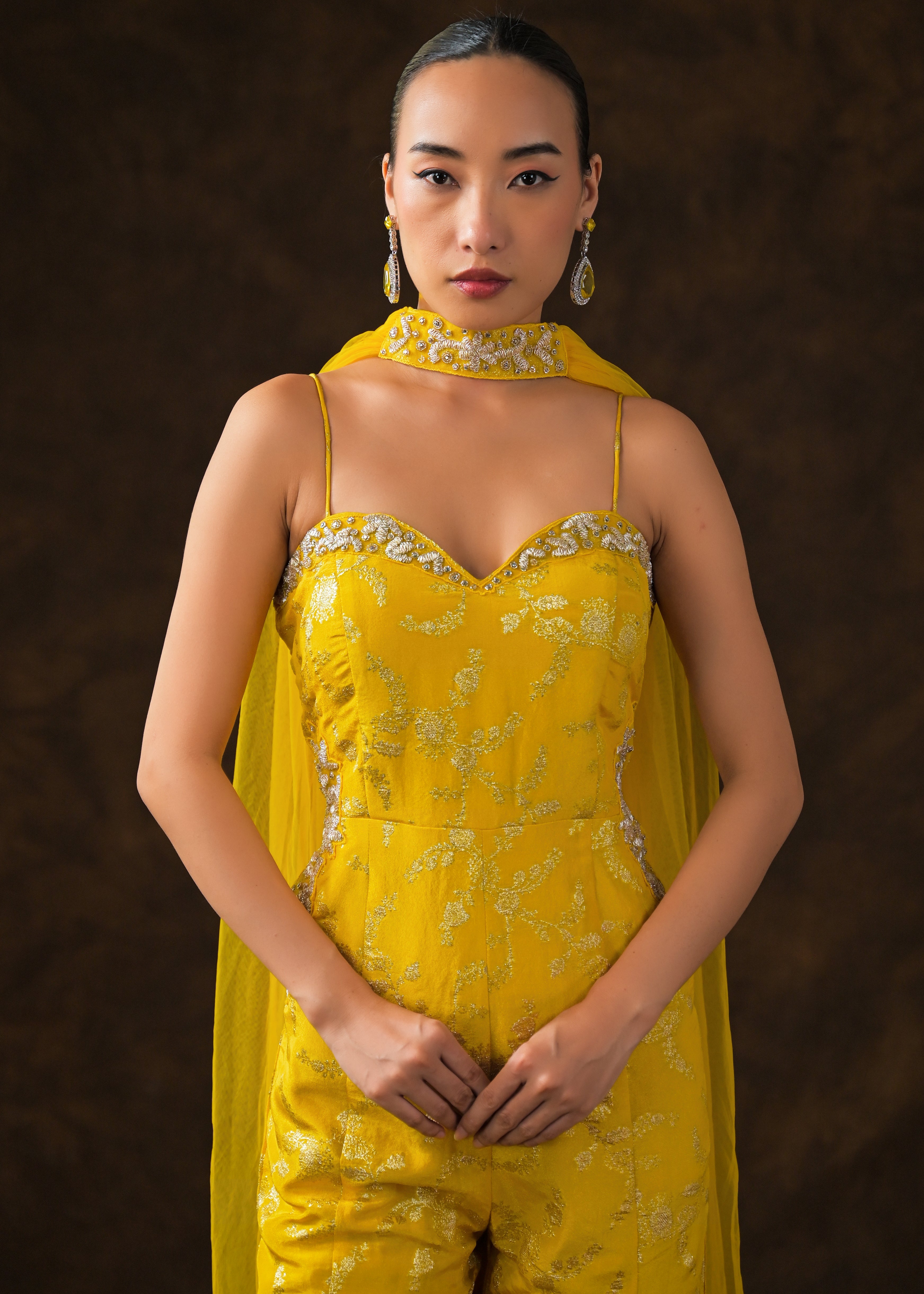 Canary Yellow Embellished Brocade Silk Jumpsuit Set