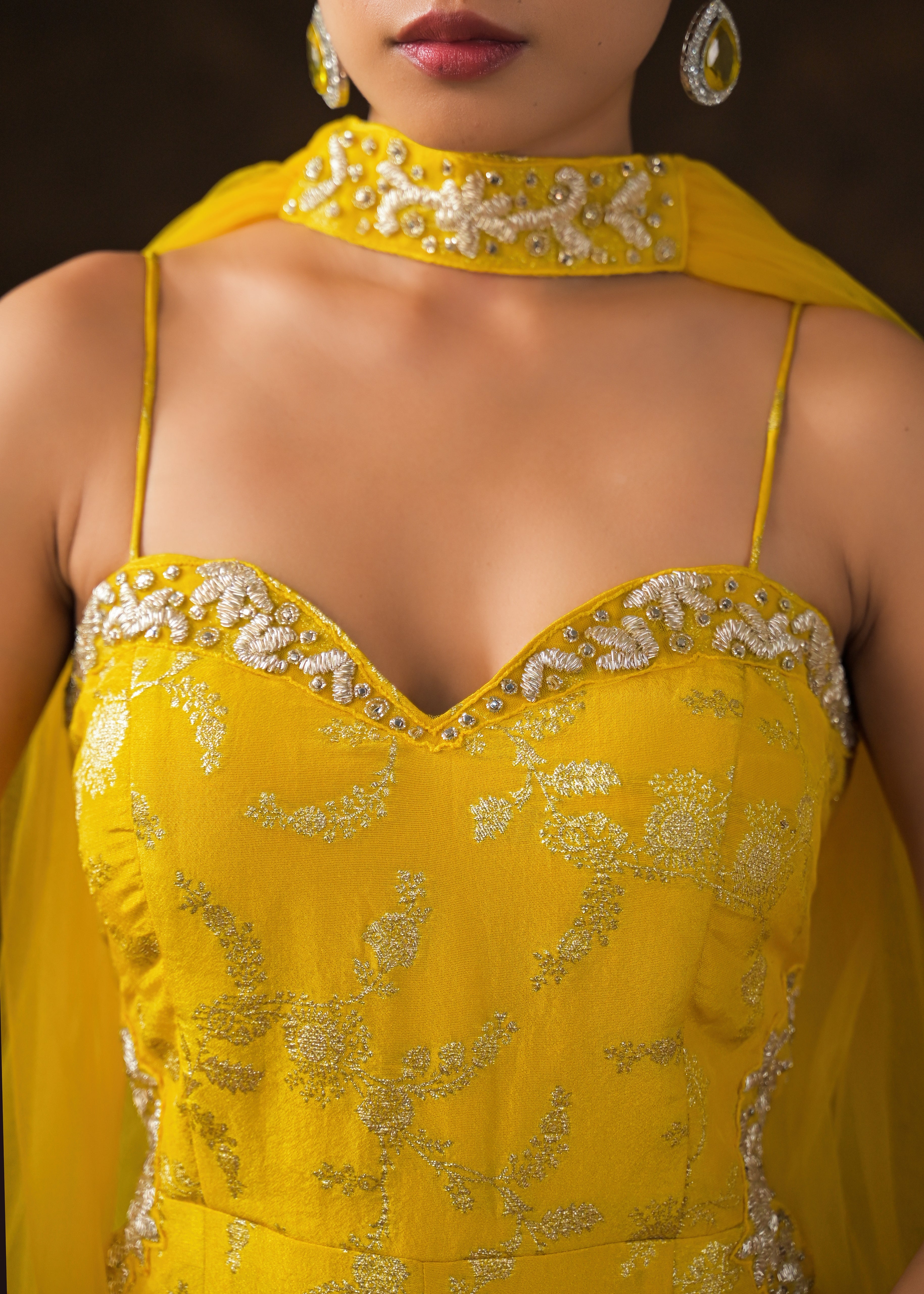 Canary Yellow Embellished Brocade Silk Jumpsuit Set