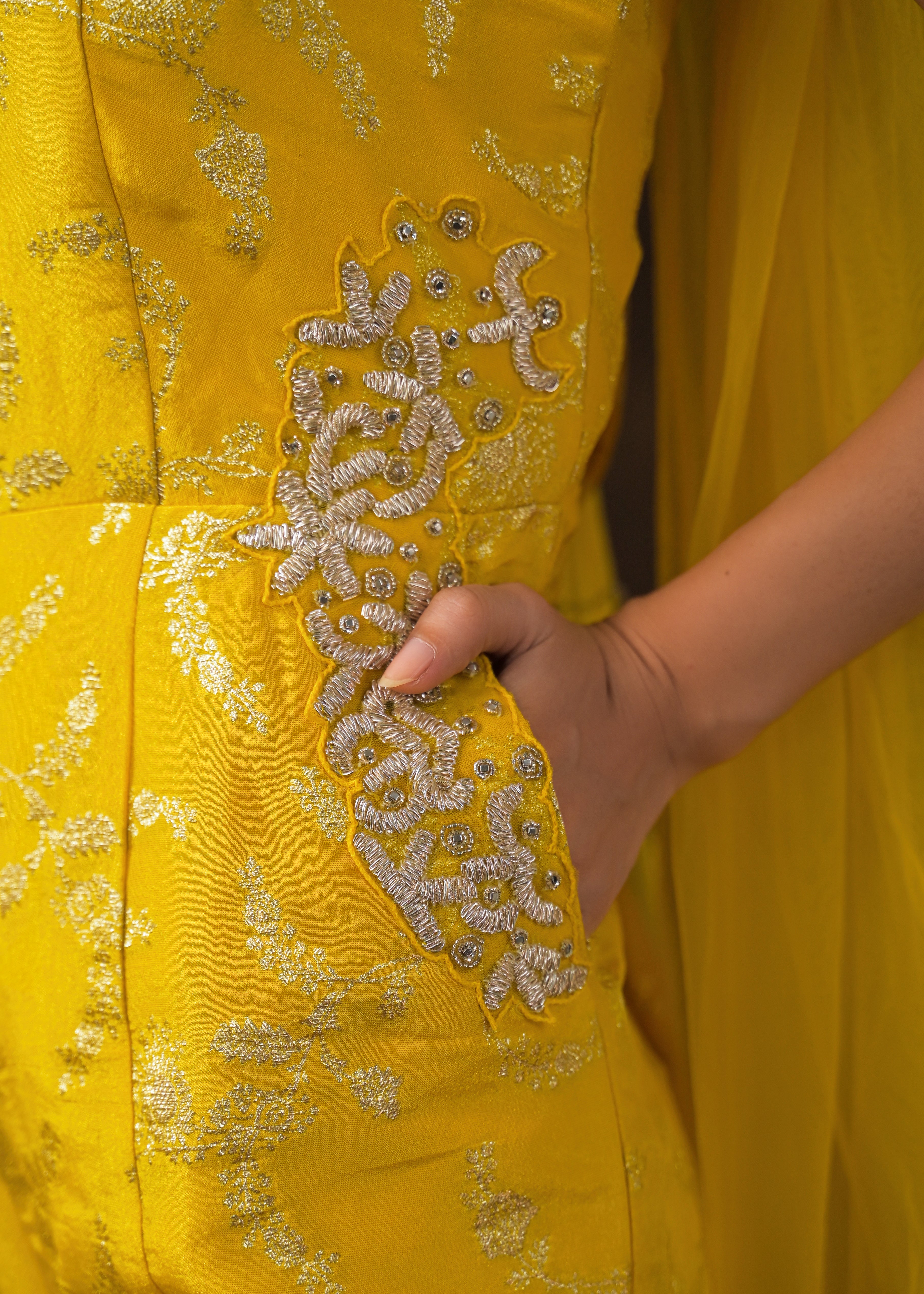 Canary Yellow Embellished Brocade Silk Jumpsuit Set