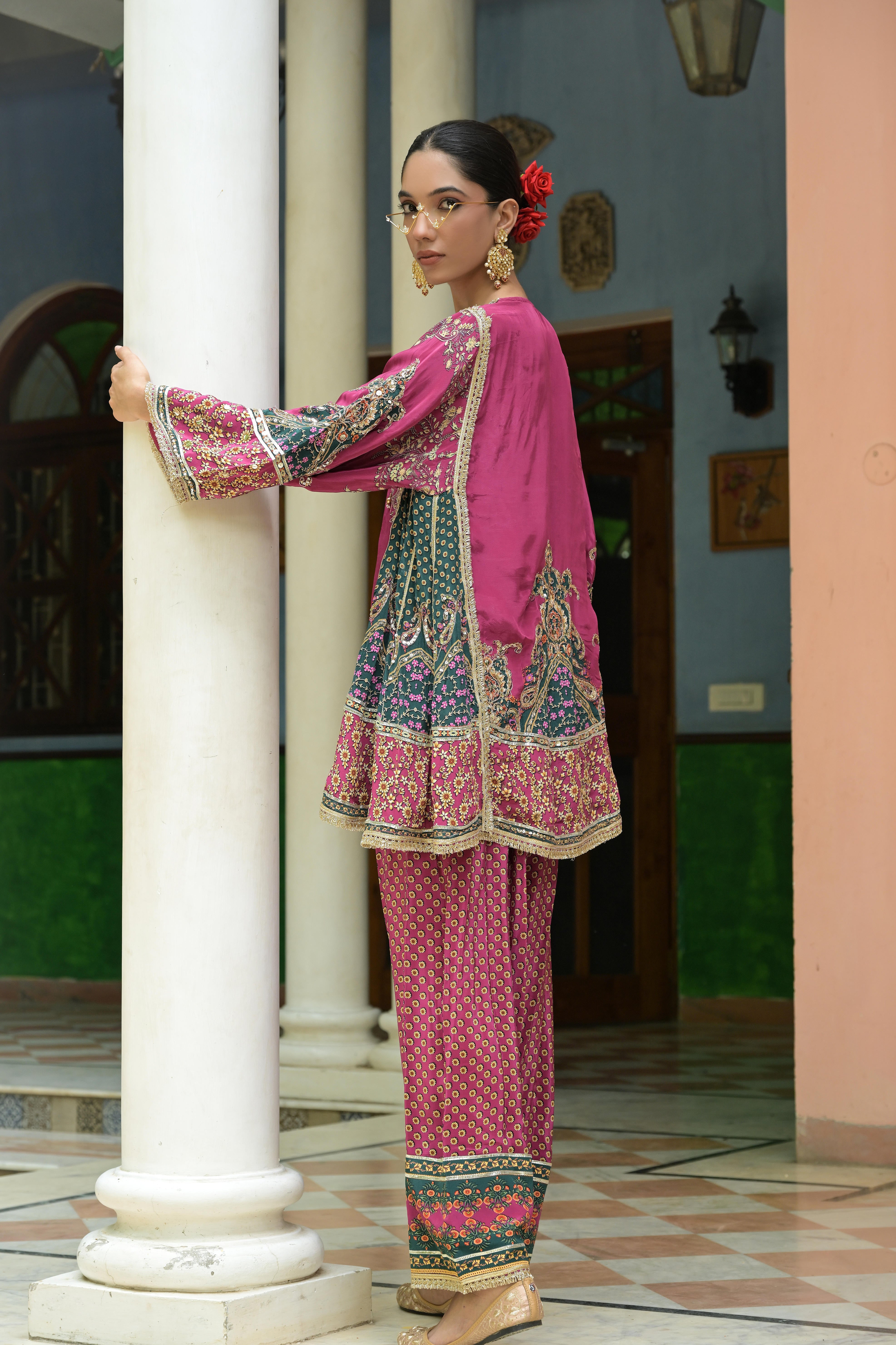 Rosy Pink Embellished Crepe Silk Salwar Set