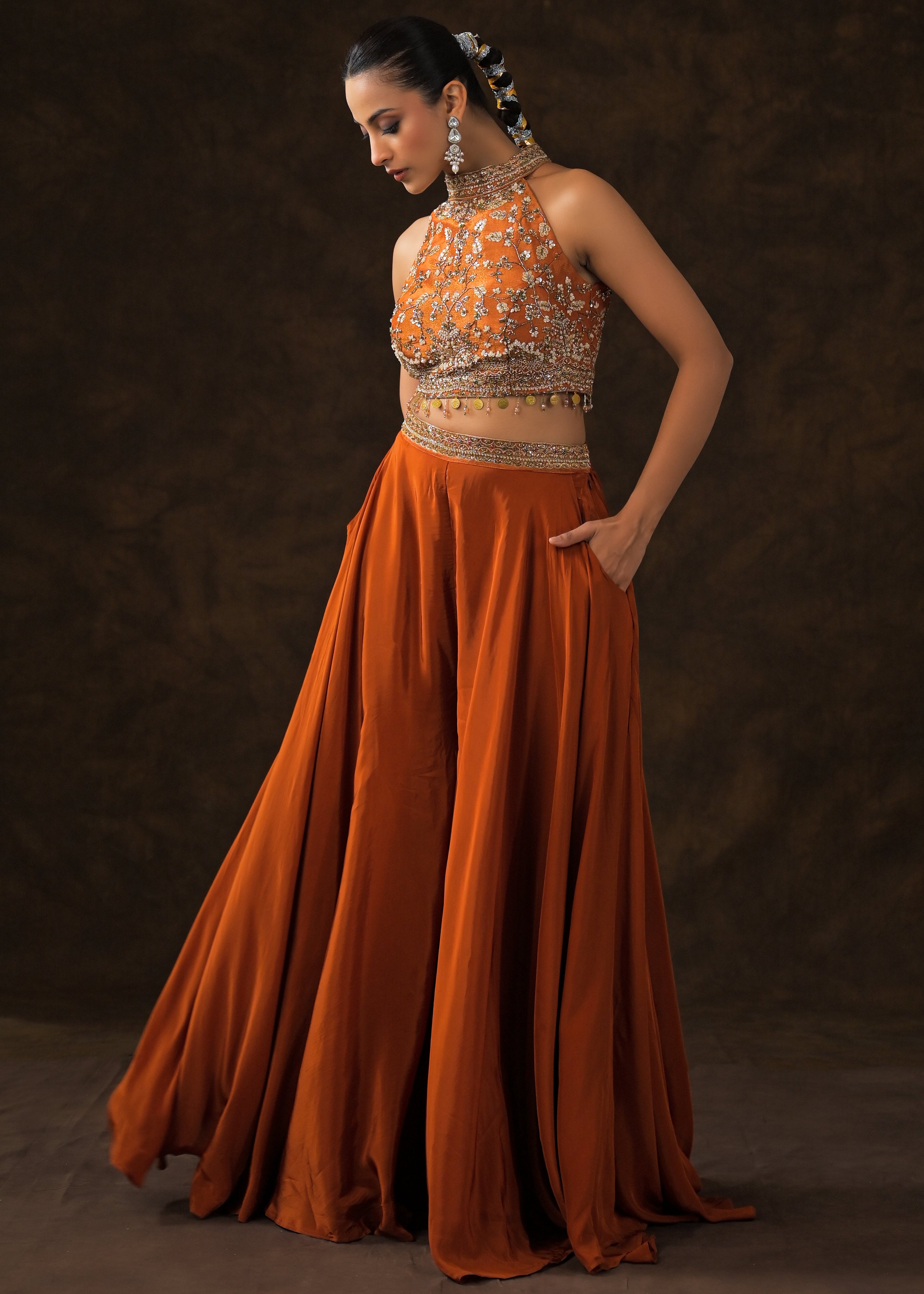 Burnt Orange Embellished Satin Silk Palazzo Set