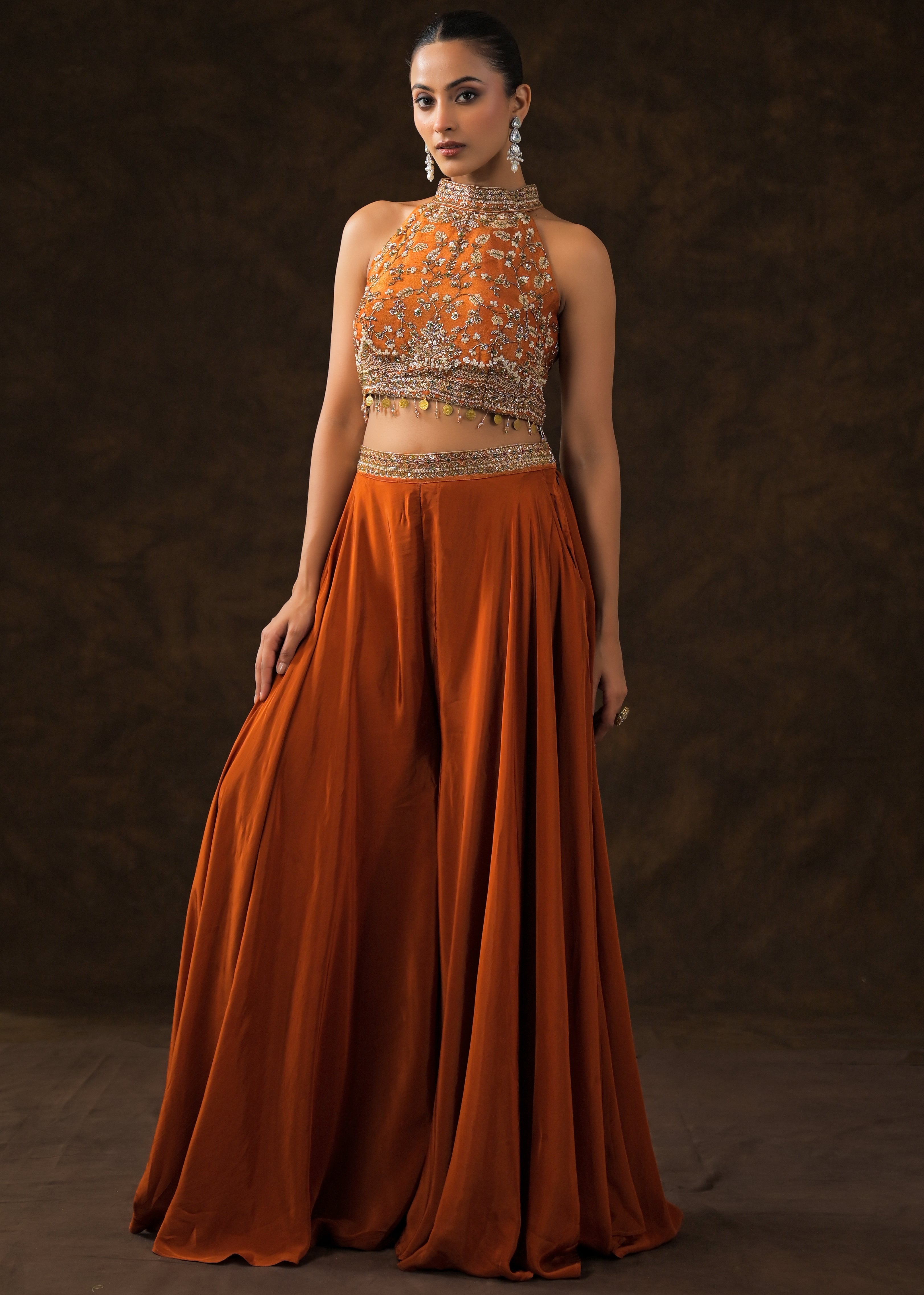 Burnt Orange Embellished Satin Silk Palazzo Set