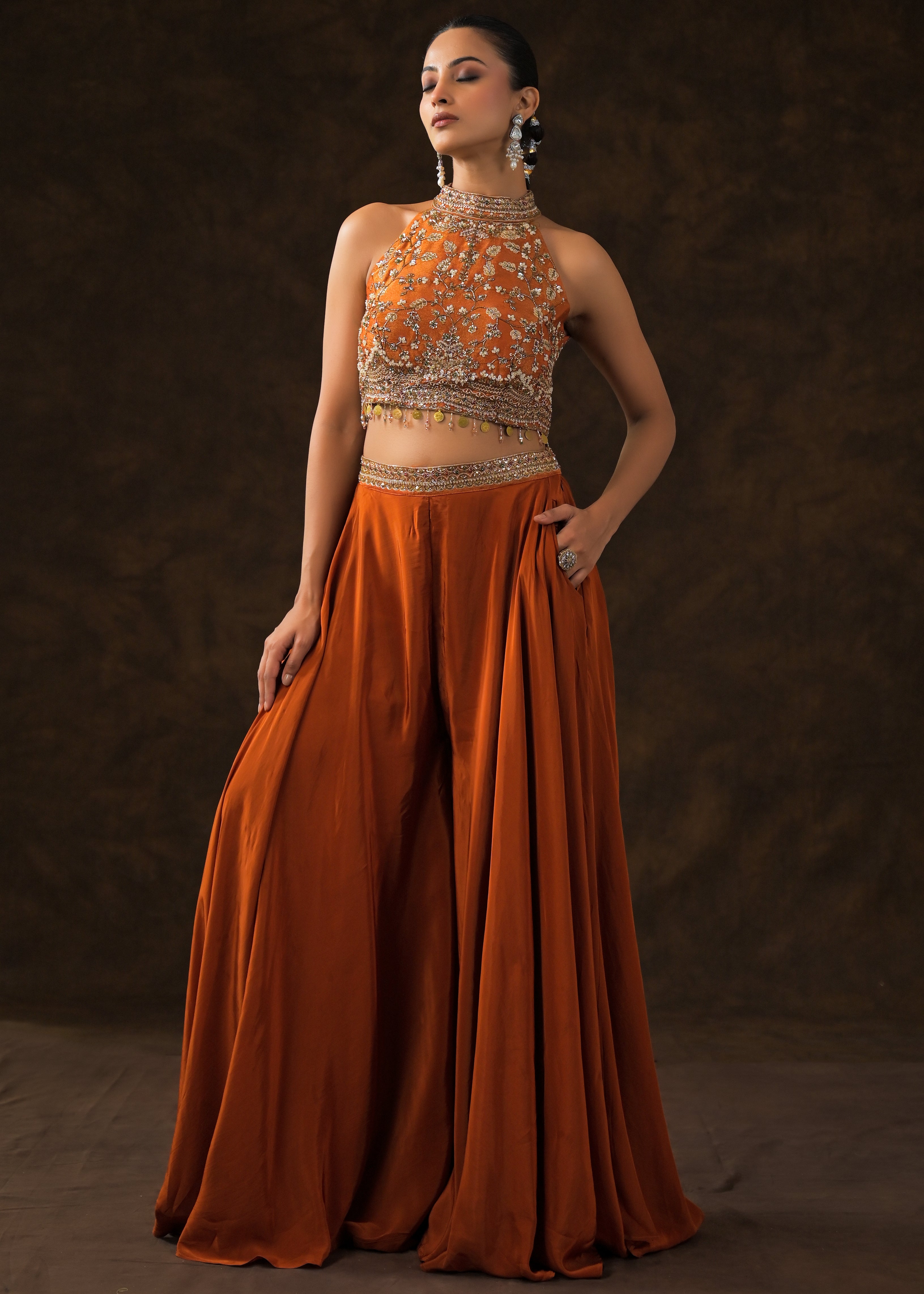 Burnt Orange Embellished Satin Silk Palazzo Set
