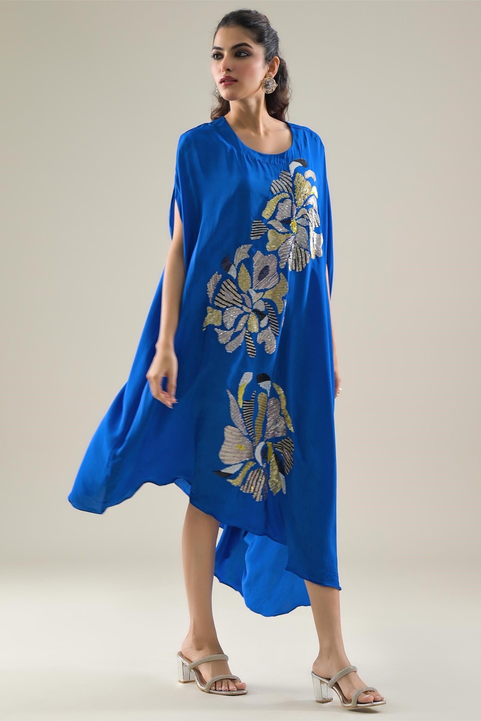 Blue Embellished Premium Silk Dress