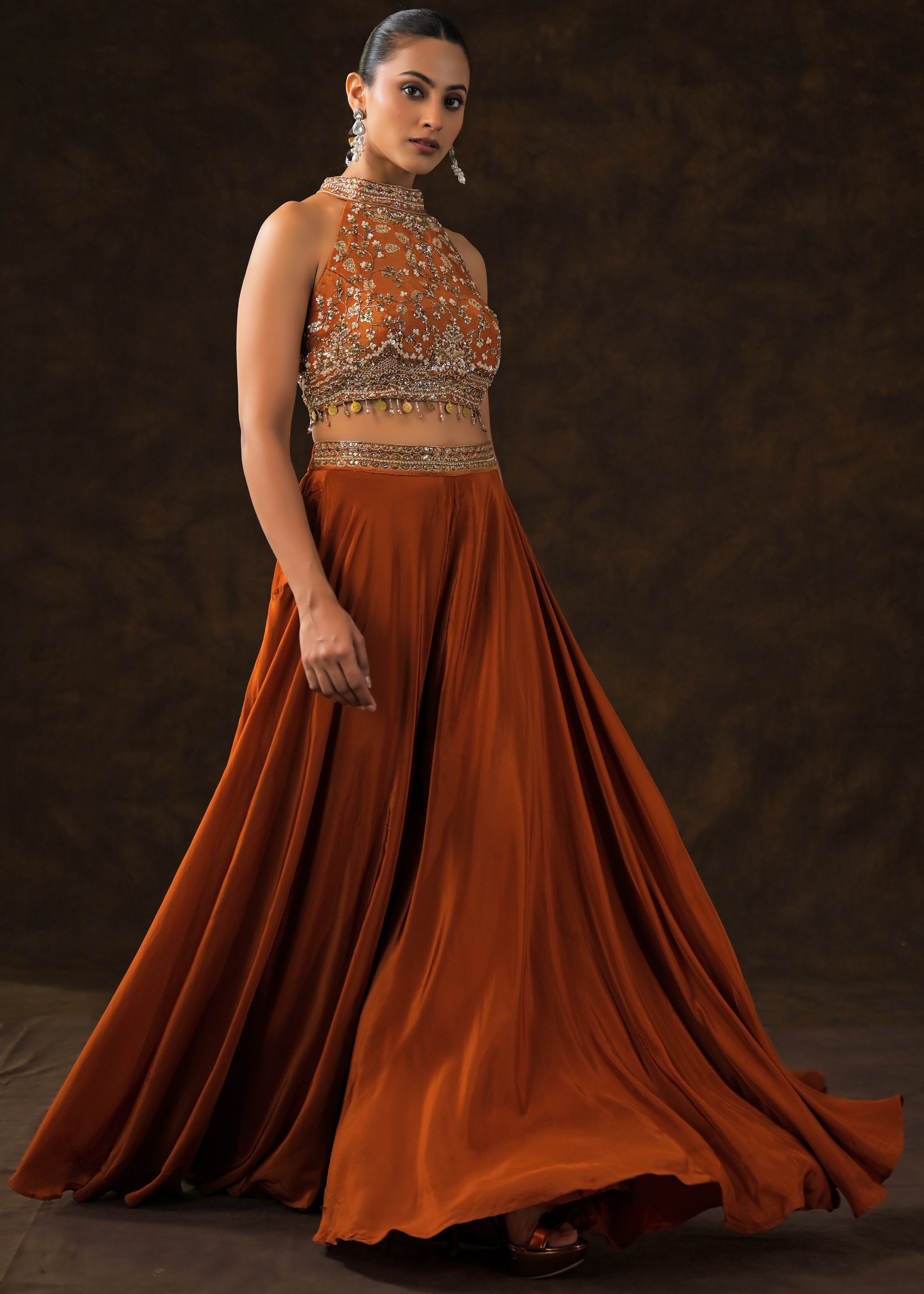 Burnt Orange Embellished Satin Silk Palazzo Set