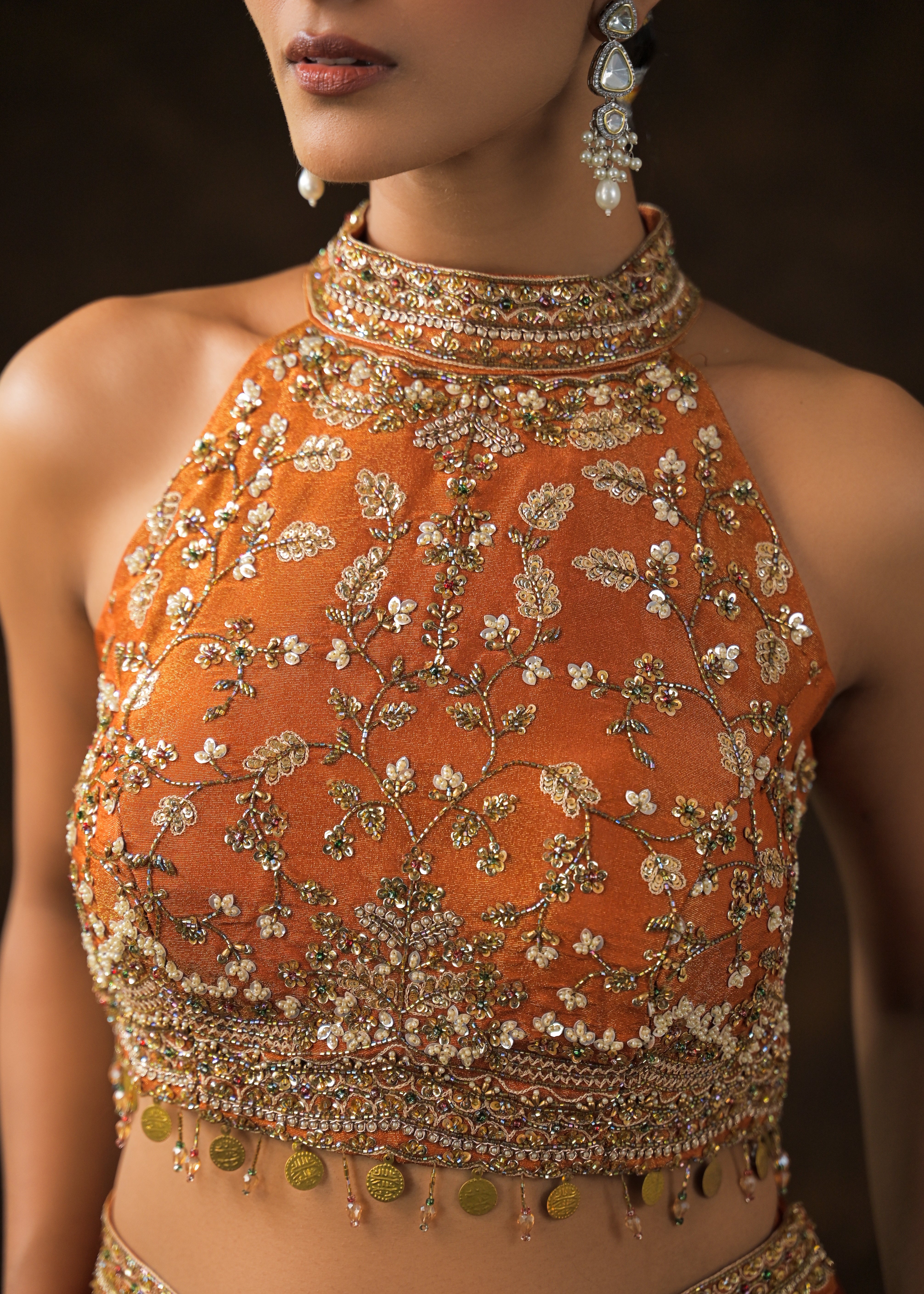 Burnt Orange Embellished Satin Silk Palazzo Set