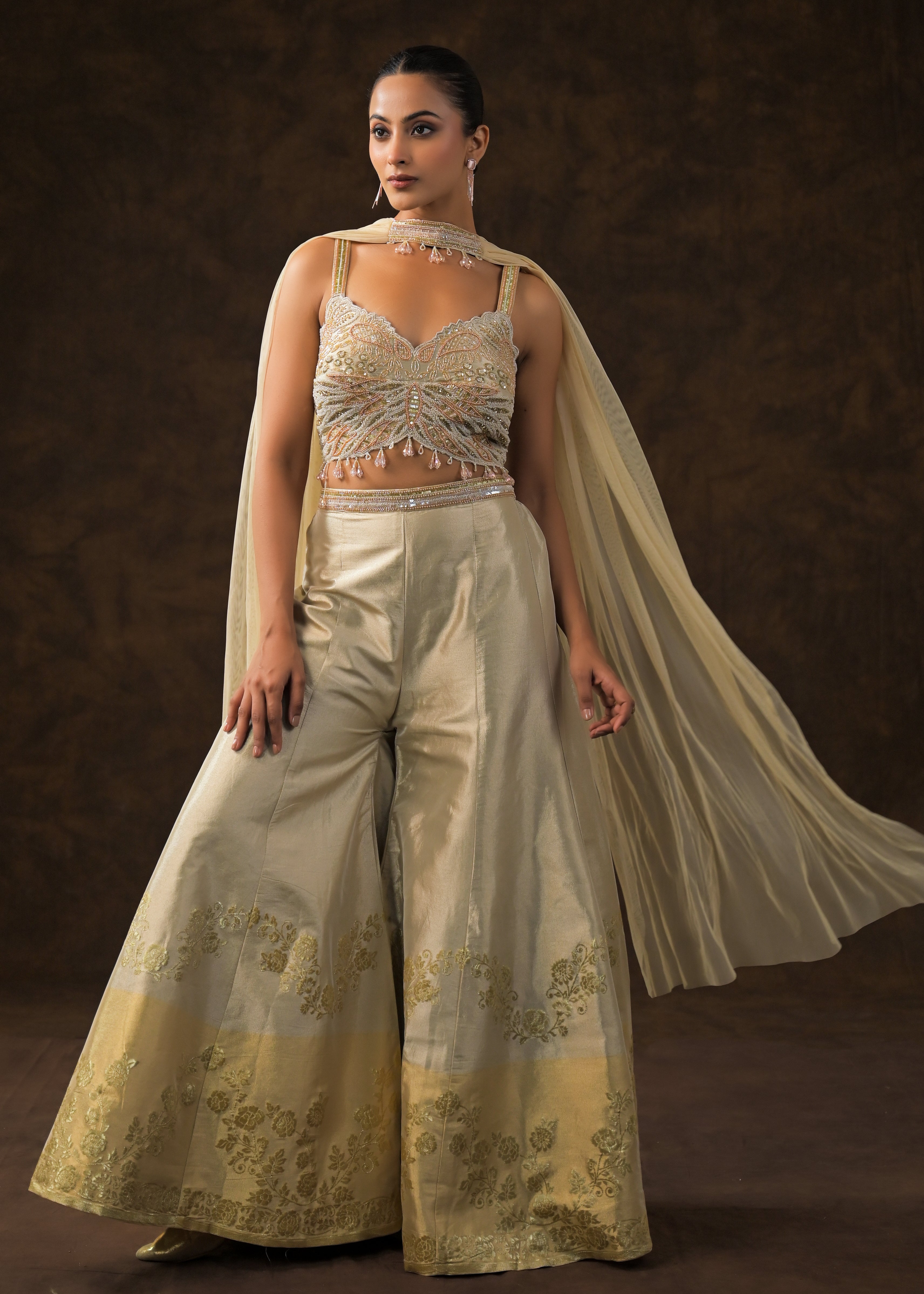 Champagne Gold Embellished Brocade Silk Sharara Set