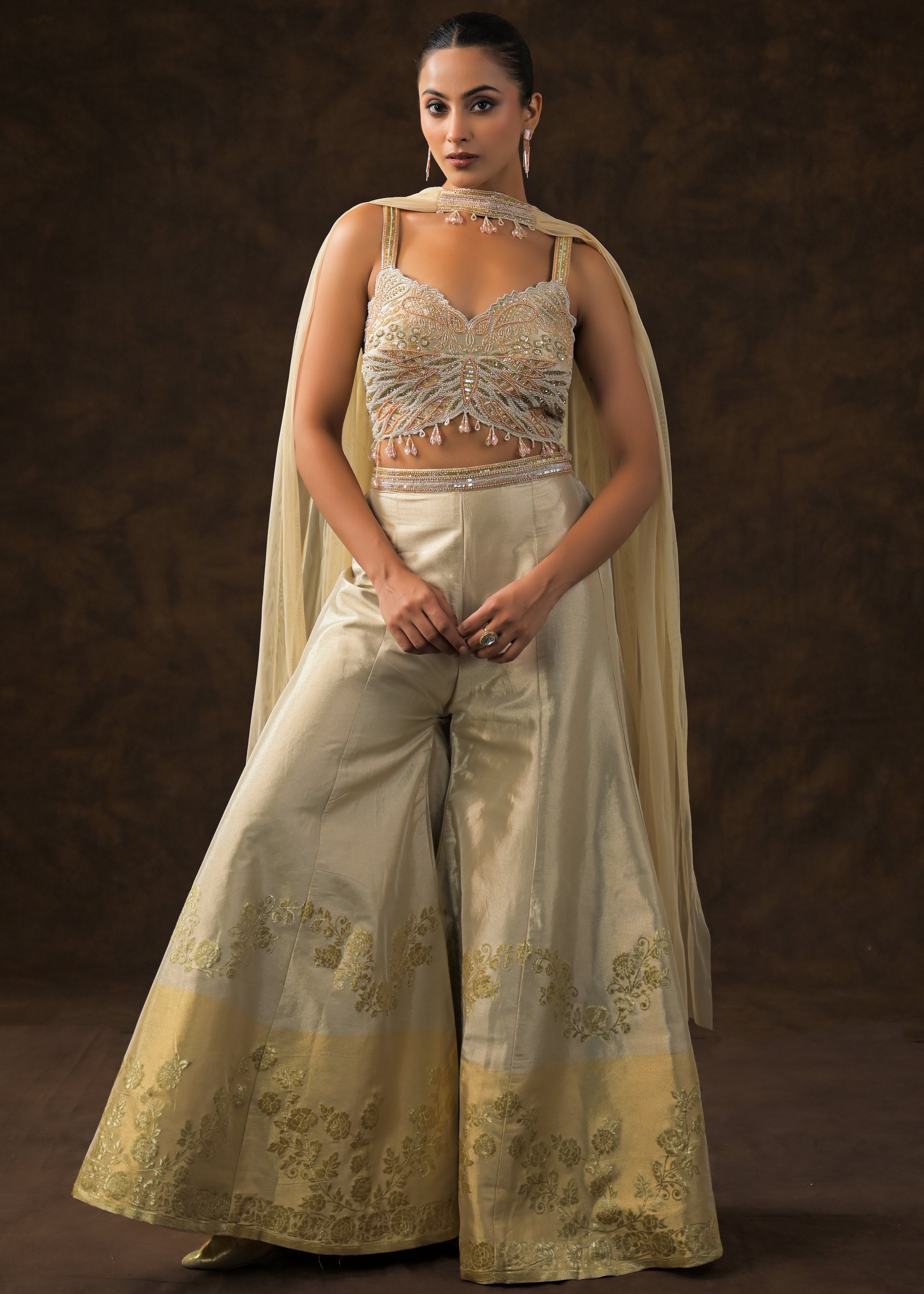 Champagne Gold Embellished Brocade Silk Sharara Set