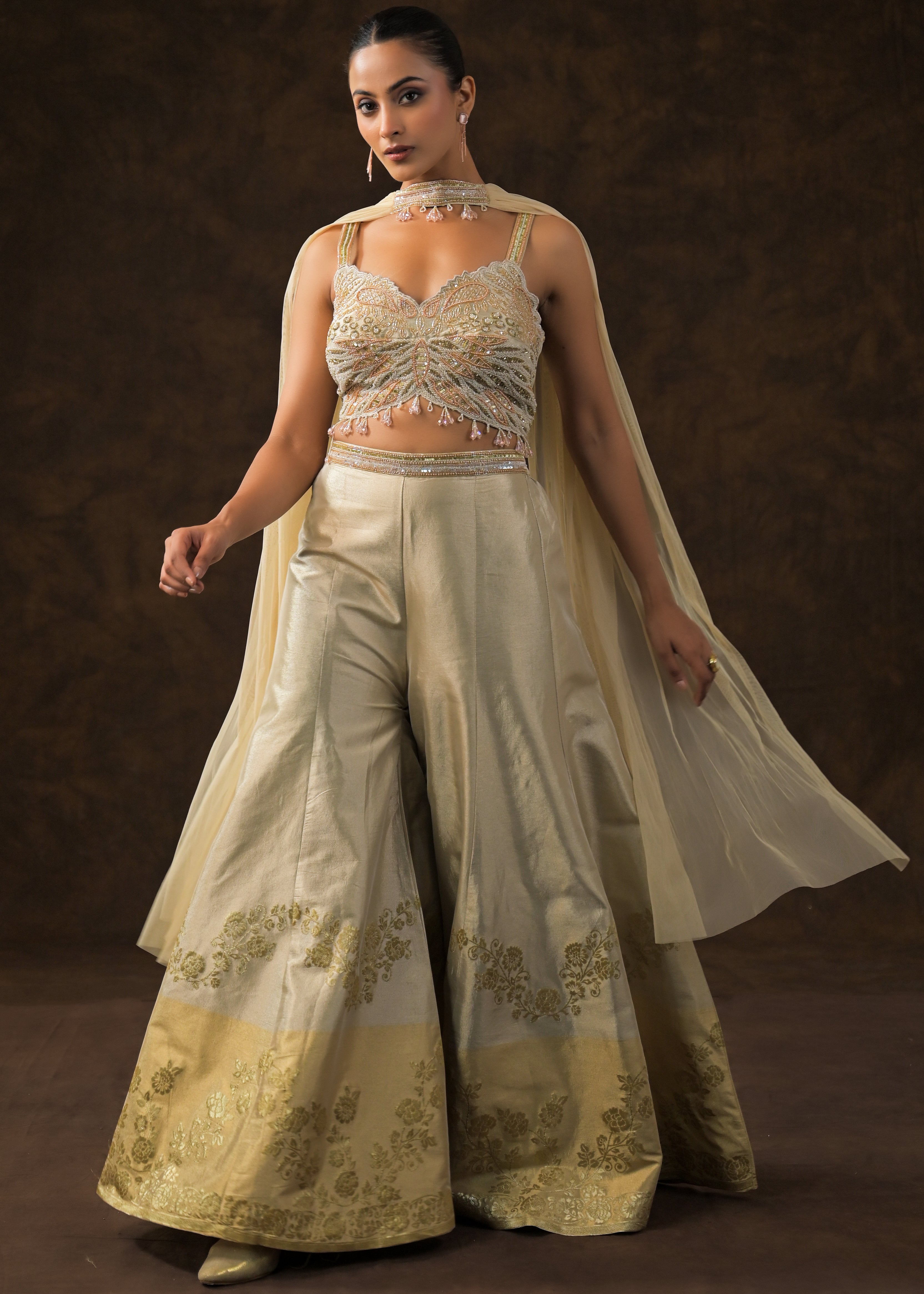 Champagne Gold Embellished Brocade Silk Sharara Set