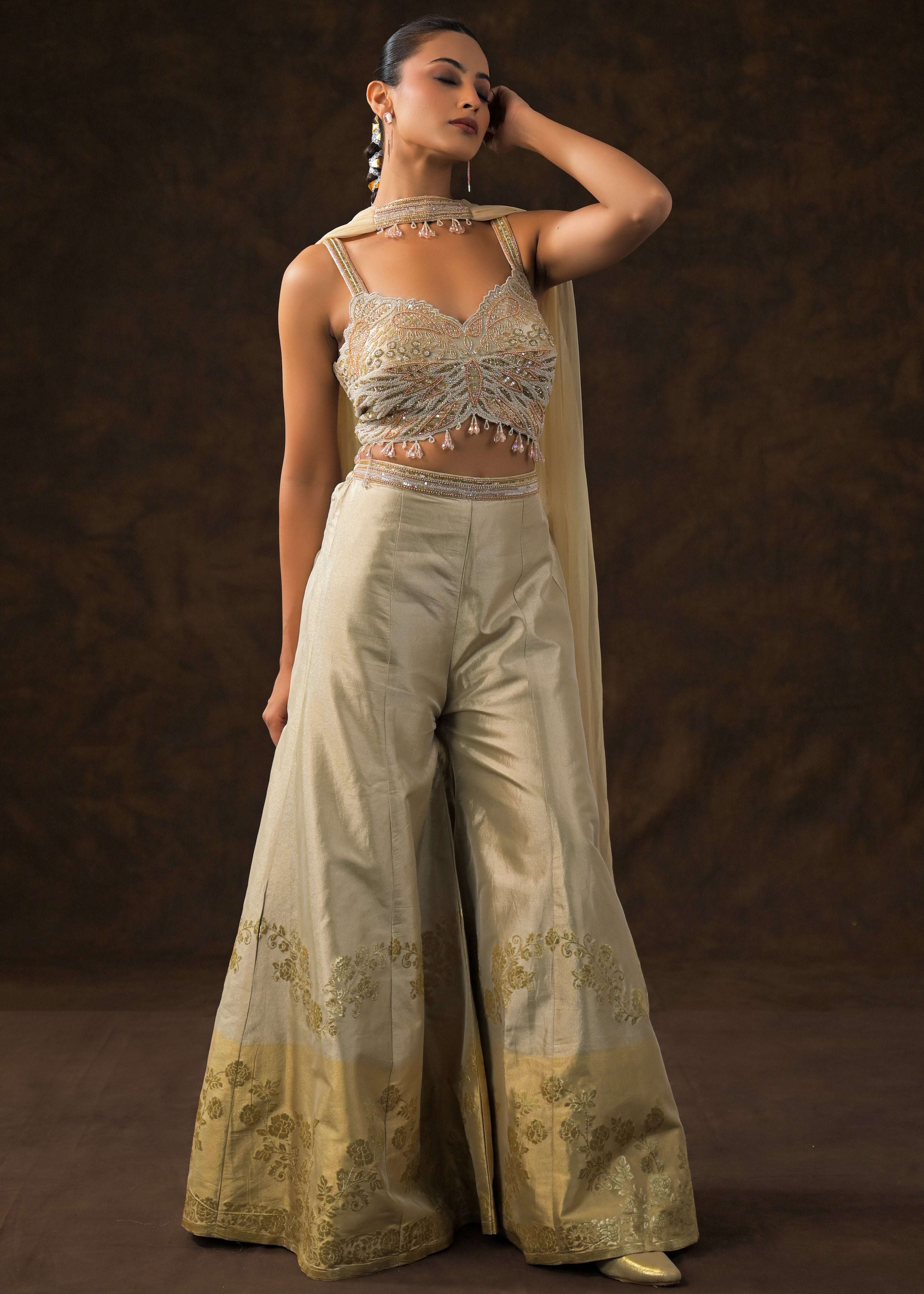 Champagne Gold Embellished Brocade Silk Sharara Set