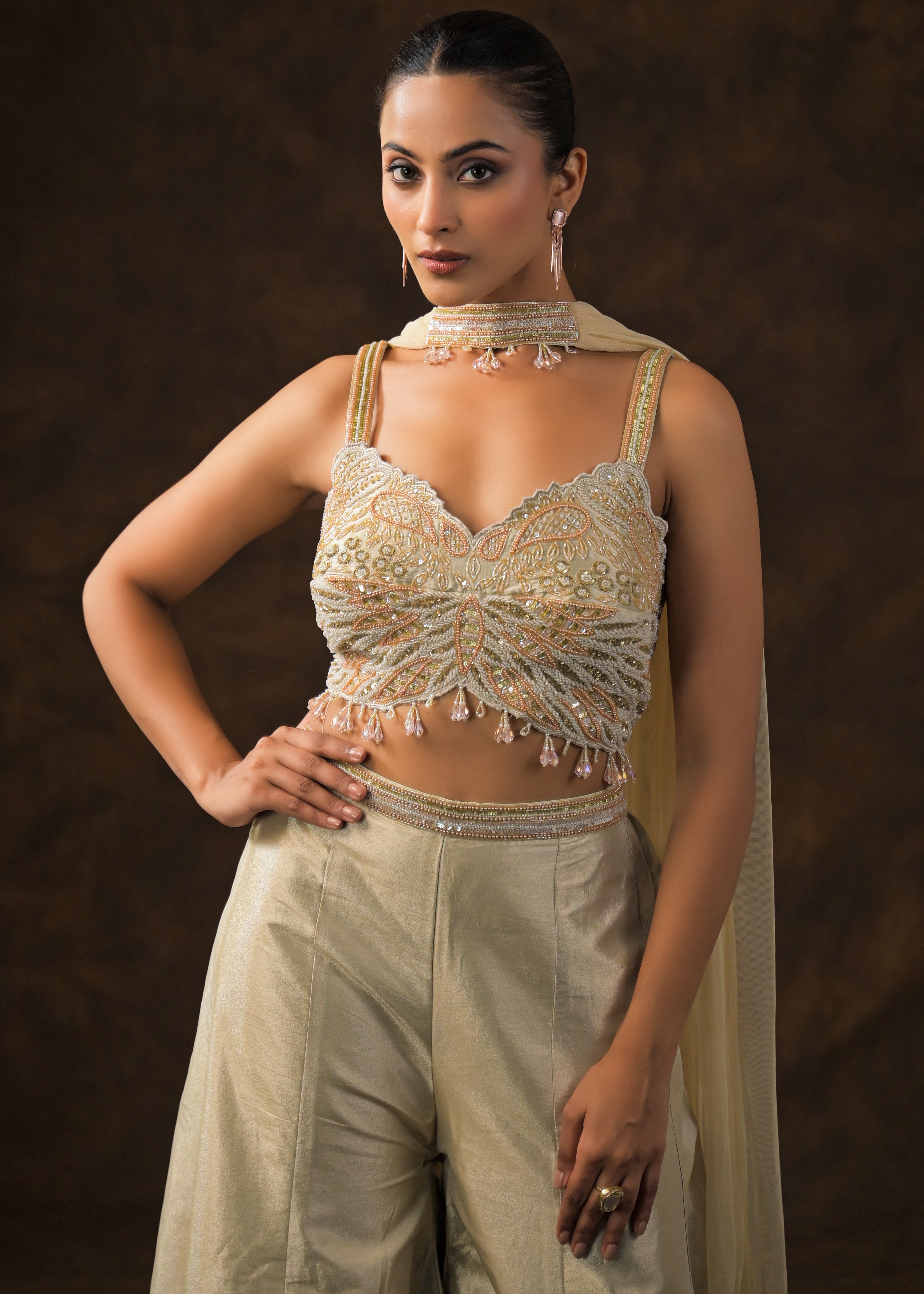Champagne Gold Embellished Brocade Silk Sharara Set