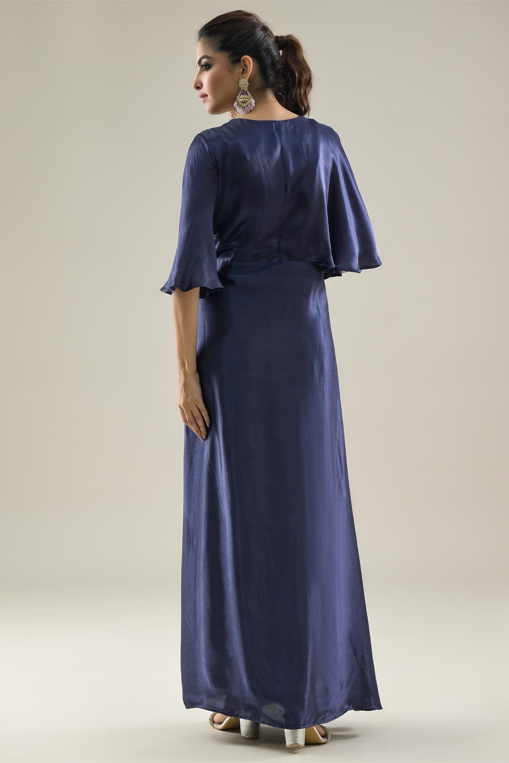 Deep Blue Embroidered Satin Chinon Silk Gown