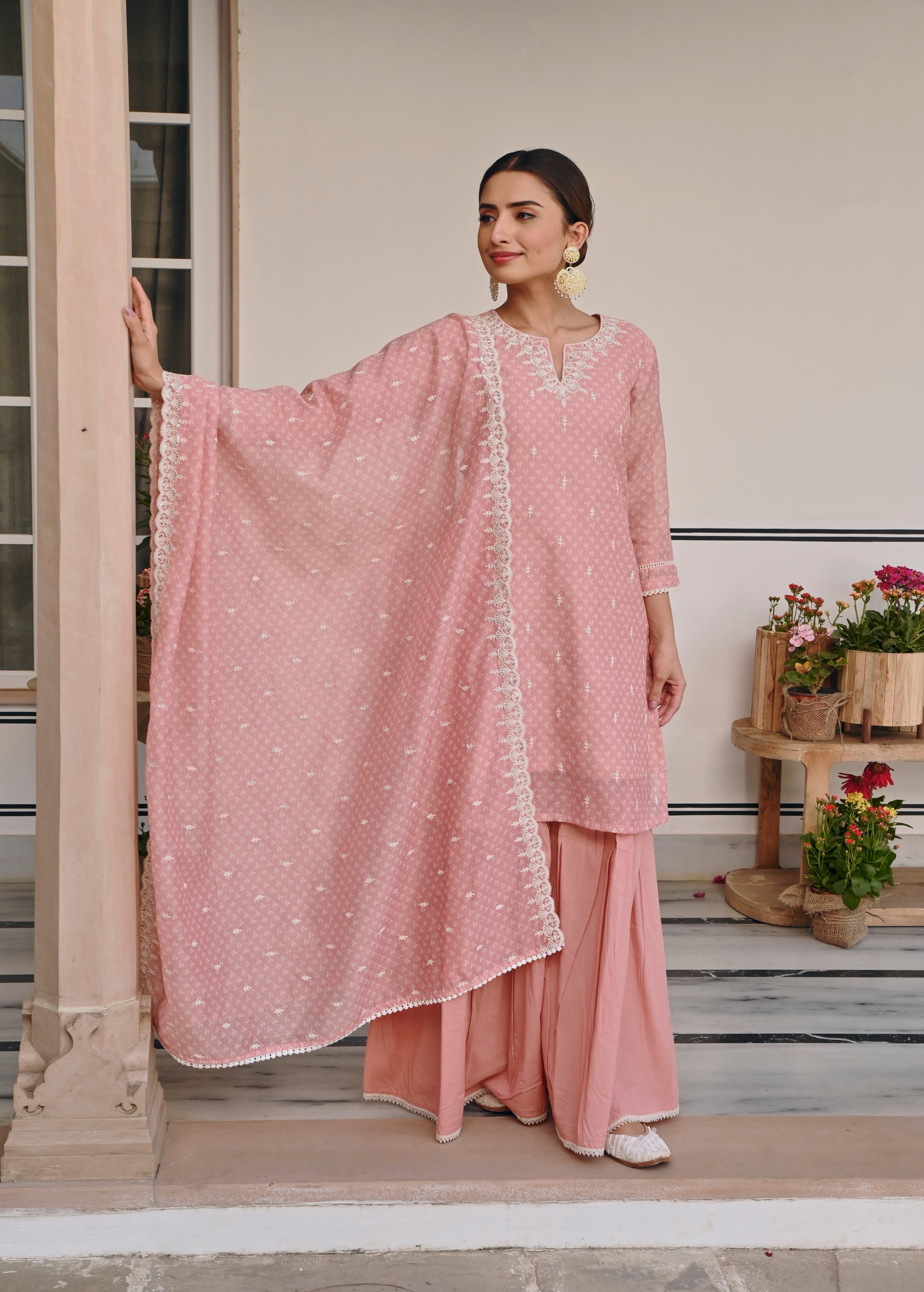 Peach Embroidered Chanderi Silk Sharara Set