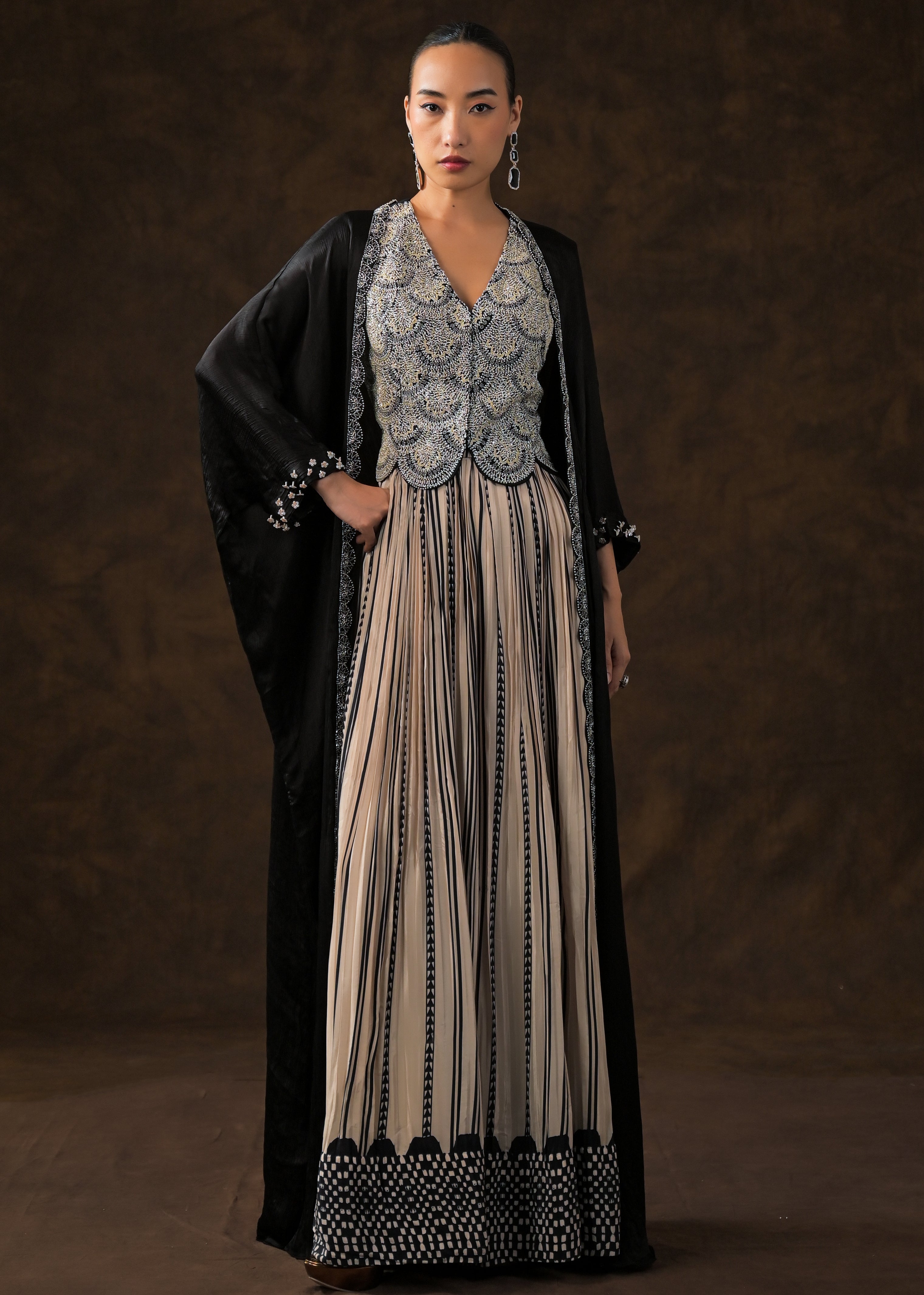 Obsidian Black Embellished Muslin Silk Cape Set