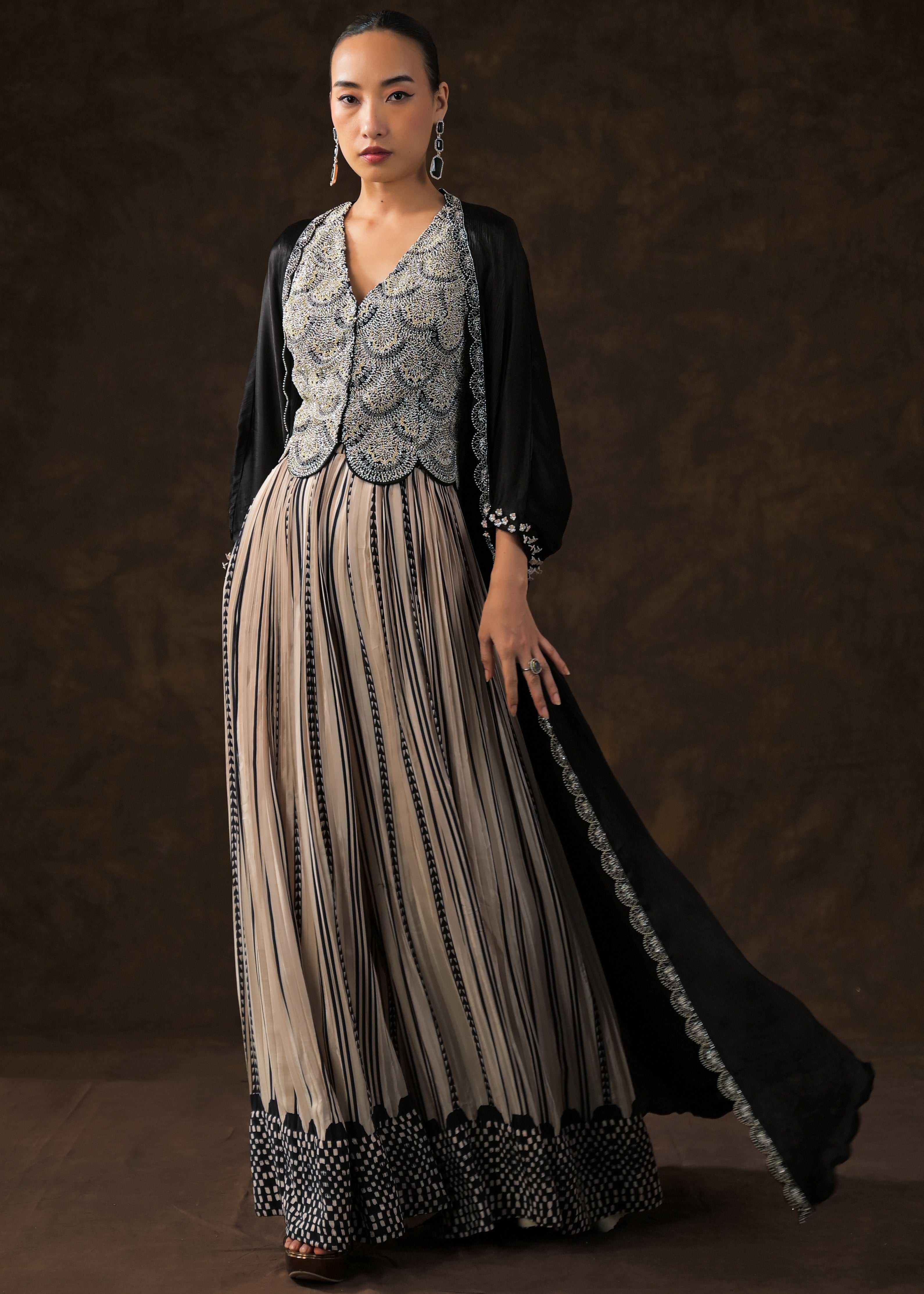 Obsidian Black Embellished Muslin Silk Cape Set