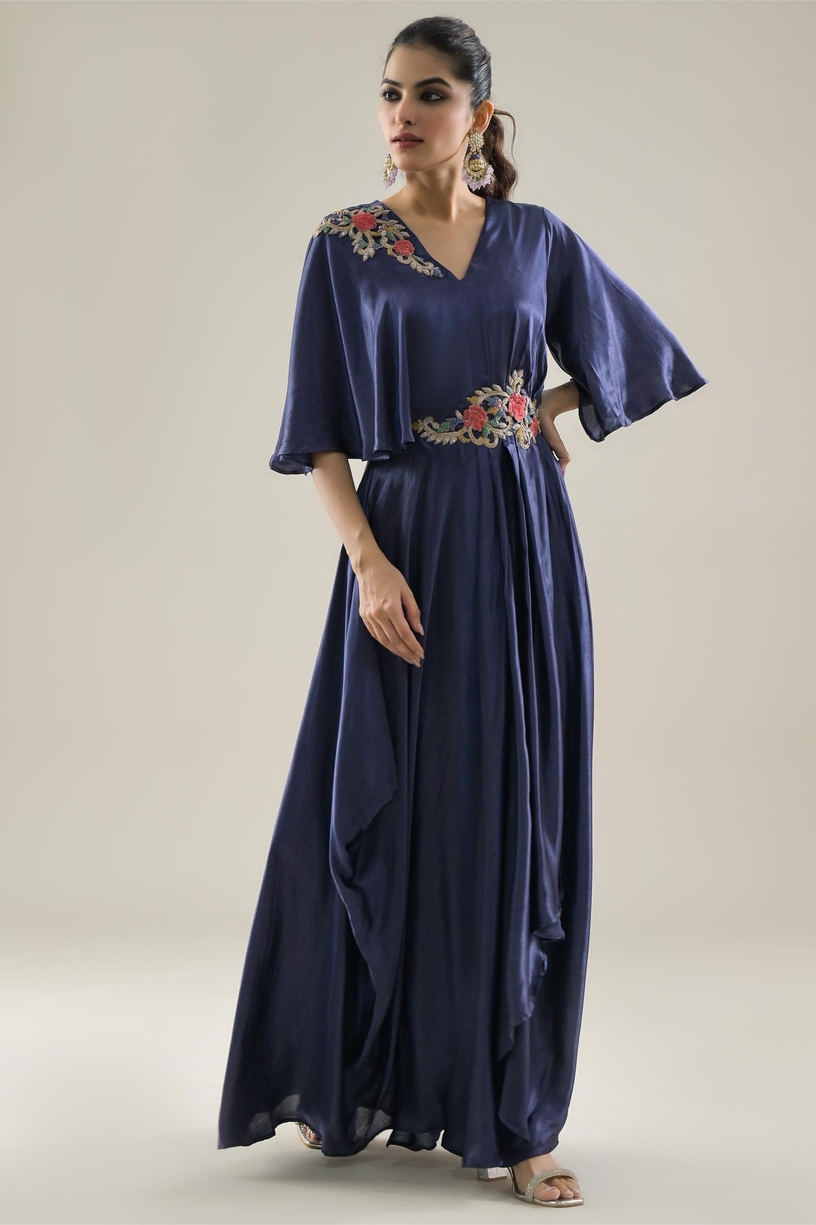 Deep Blue Embroidered Satin Chinon Silk Gown