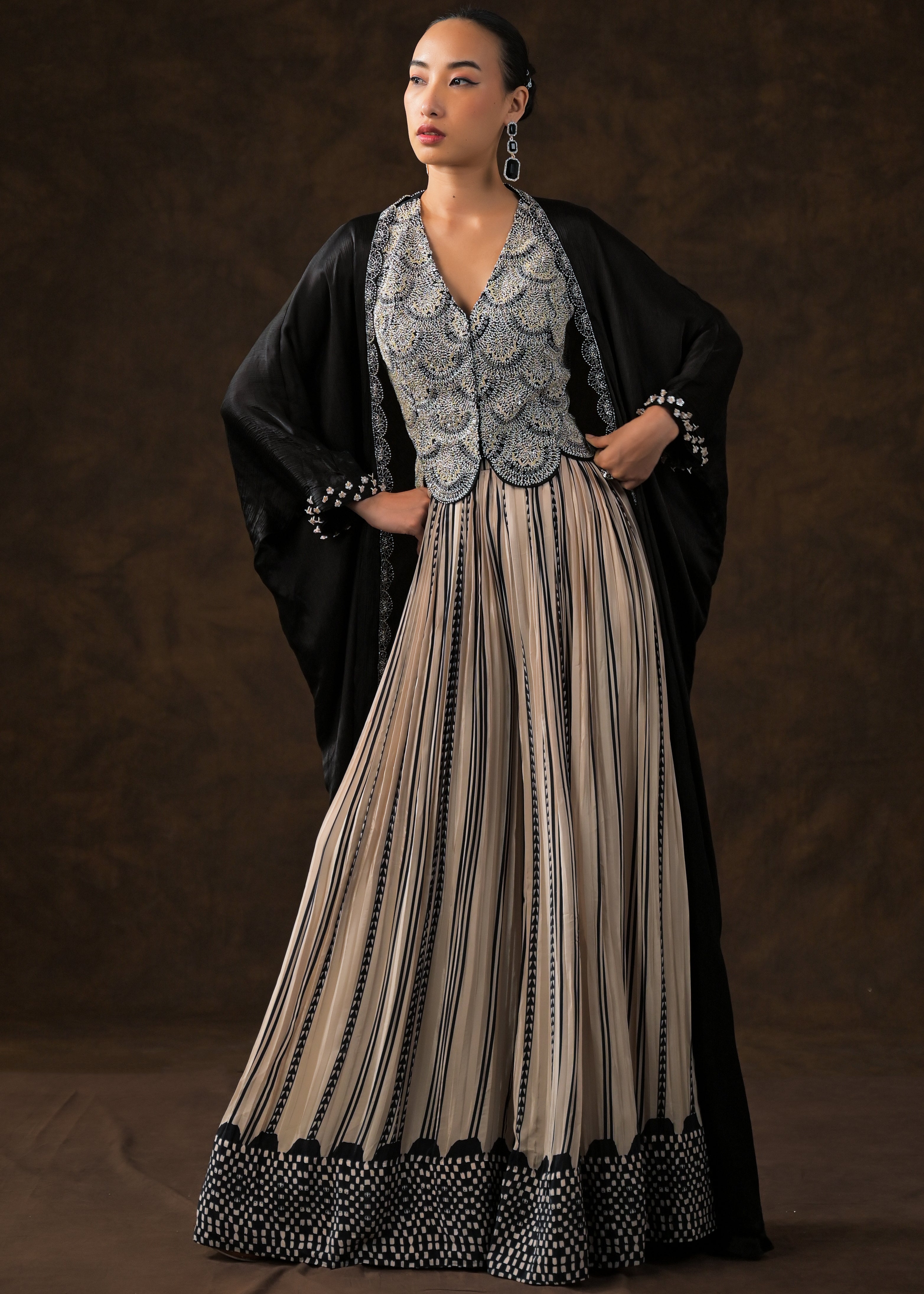 Obsidian Black Embellished Muslin Silk Cape Set