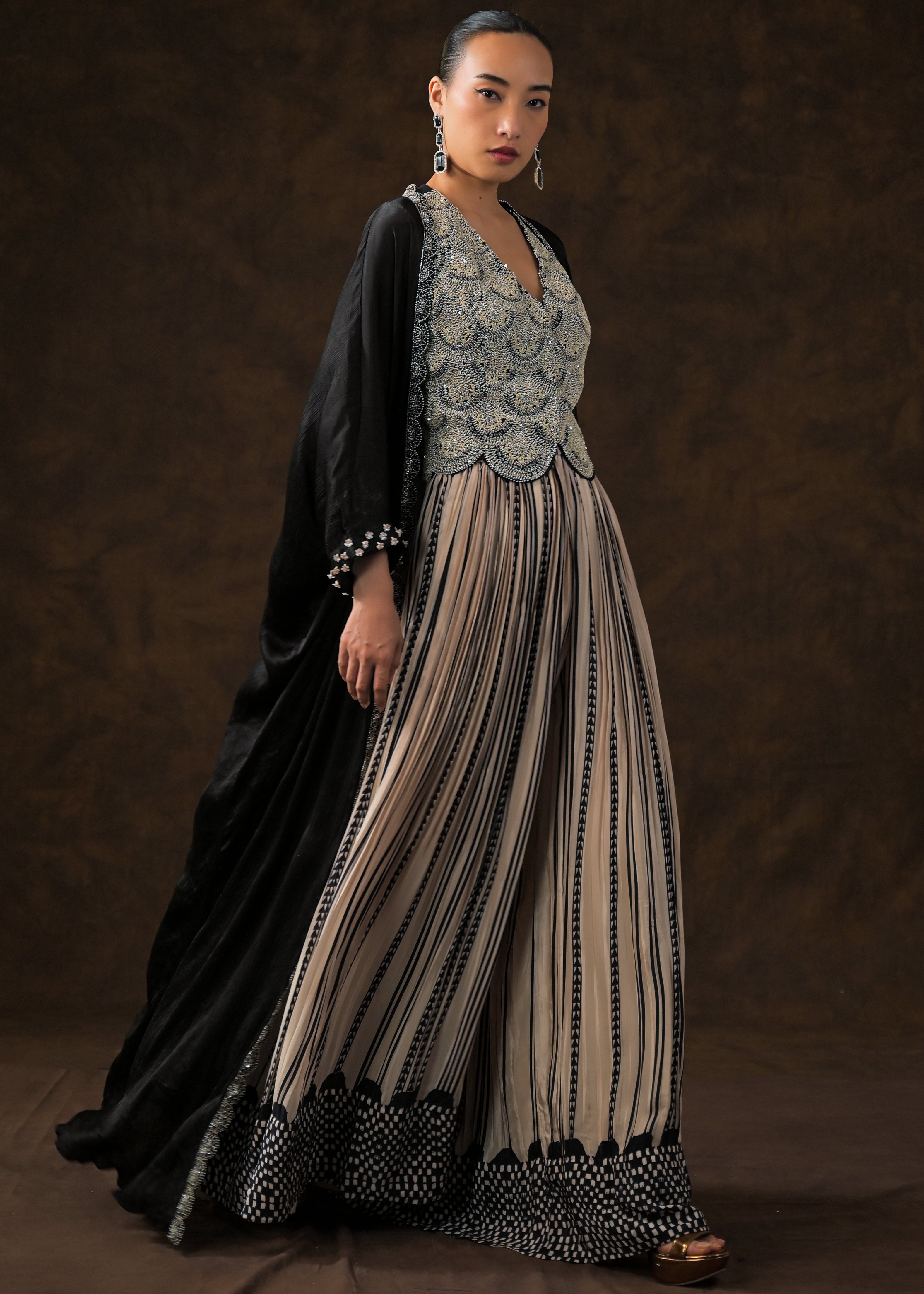 Obsidian Black Embellished Muslin Silk Cape Set