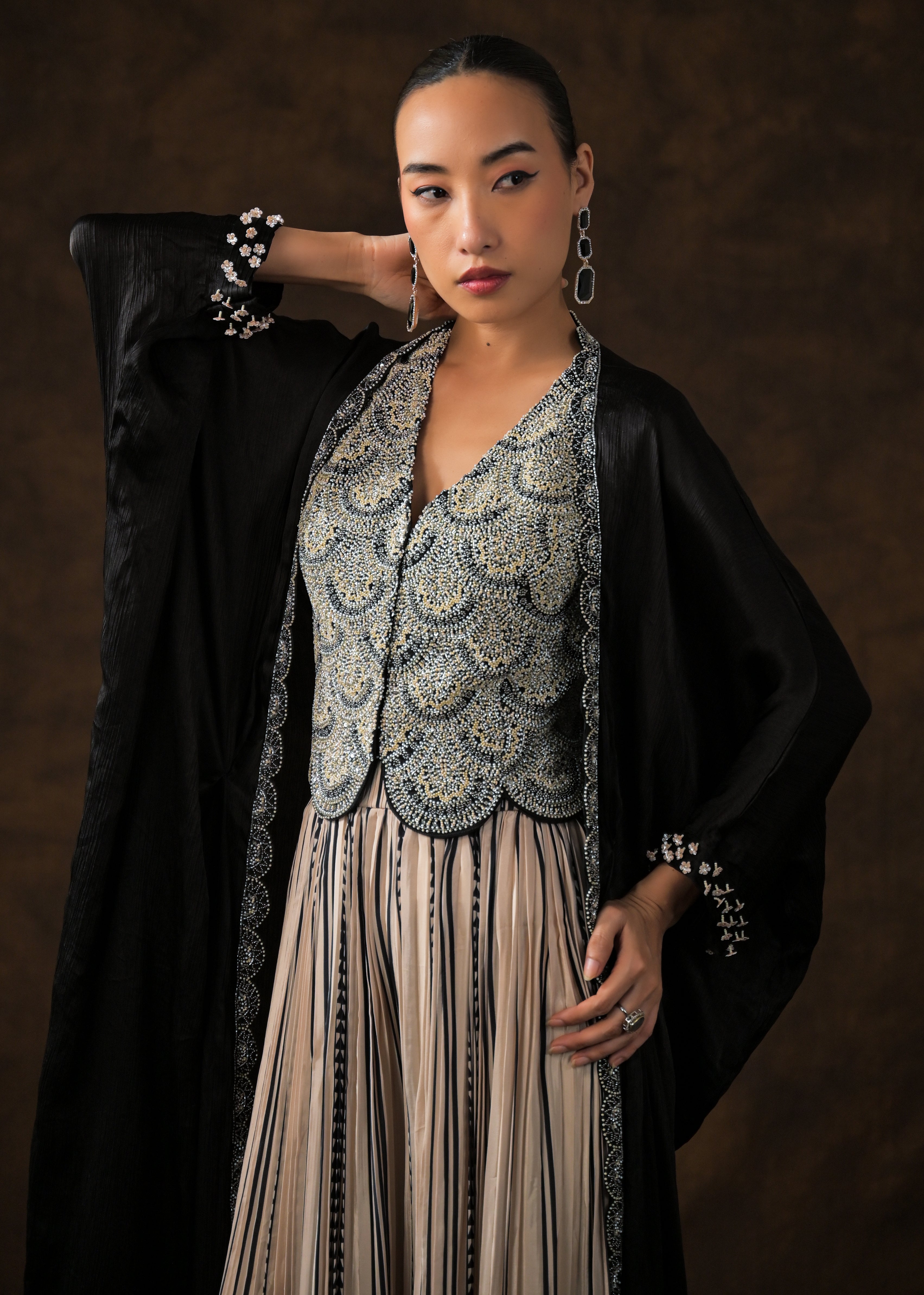 Obsidian Black Embellished Muslin Silk Cape Set