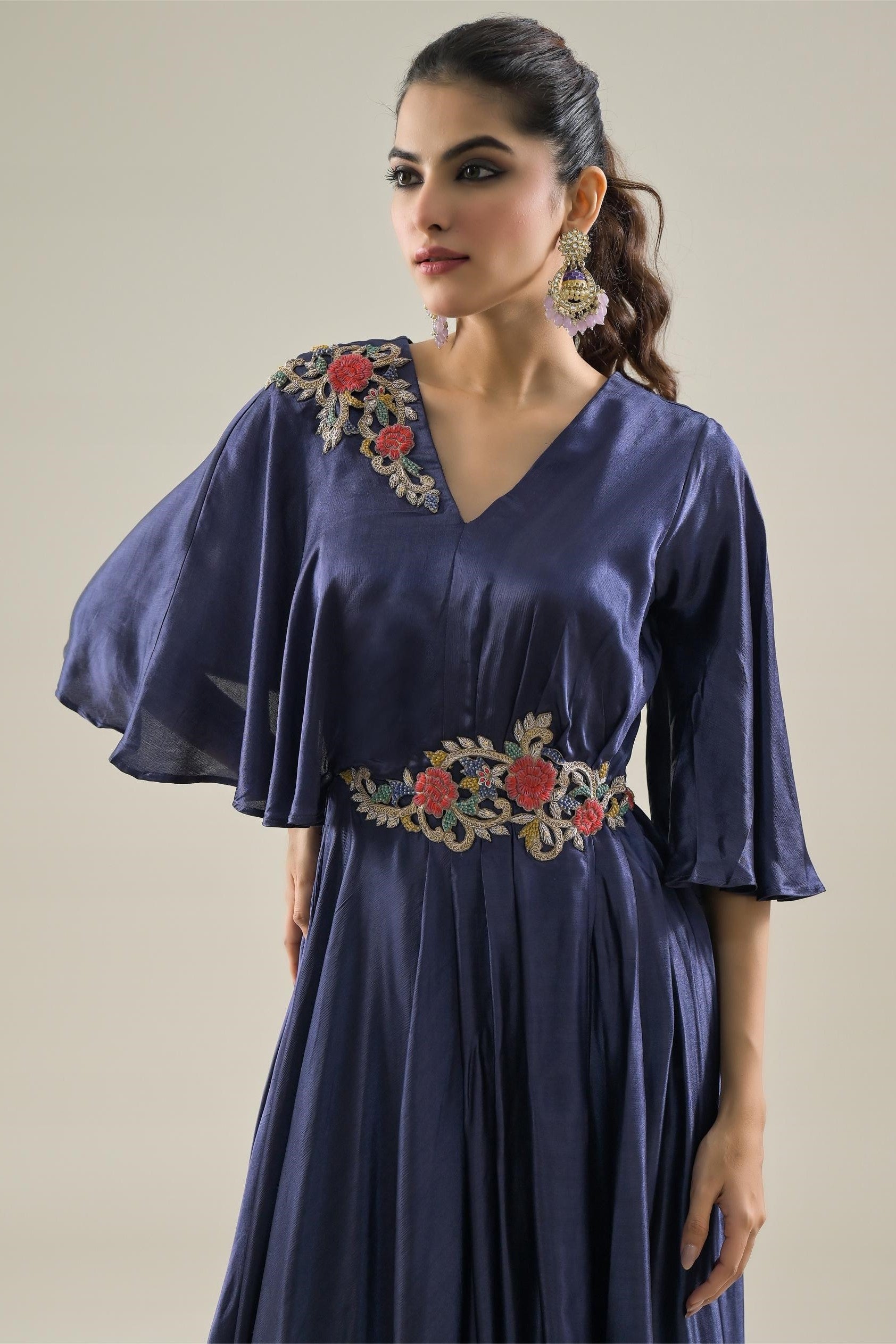 Deep Blue Embroidered Satin Chinon Silk Gown