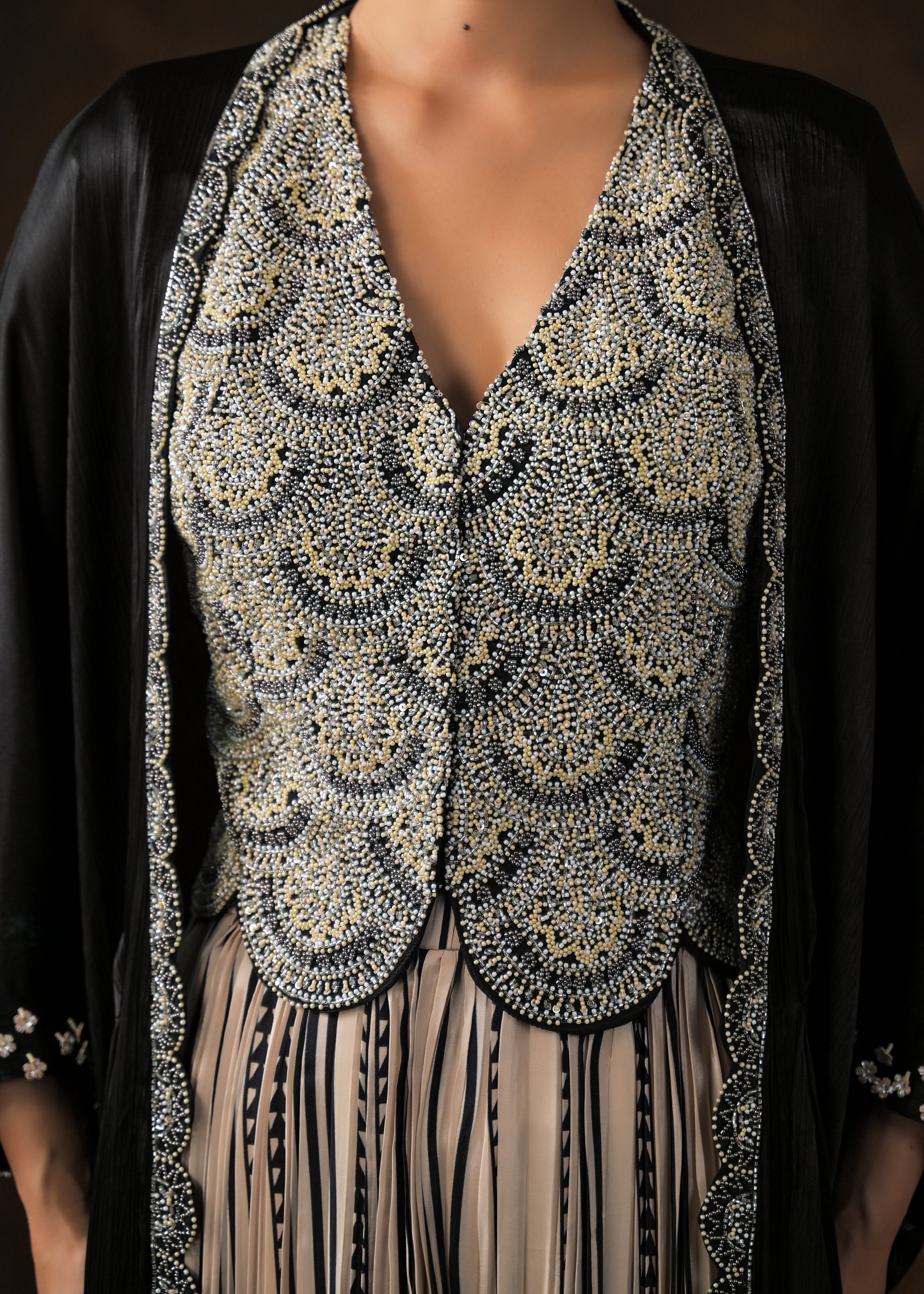 Obsidian Black Embellished Muslin Silk Cape Set