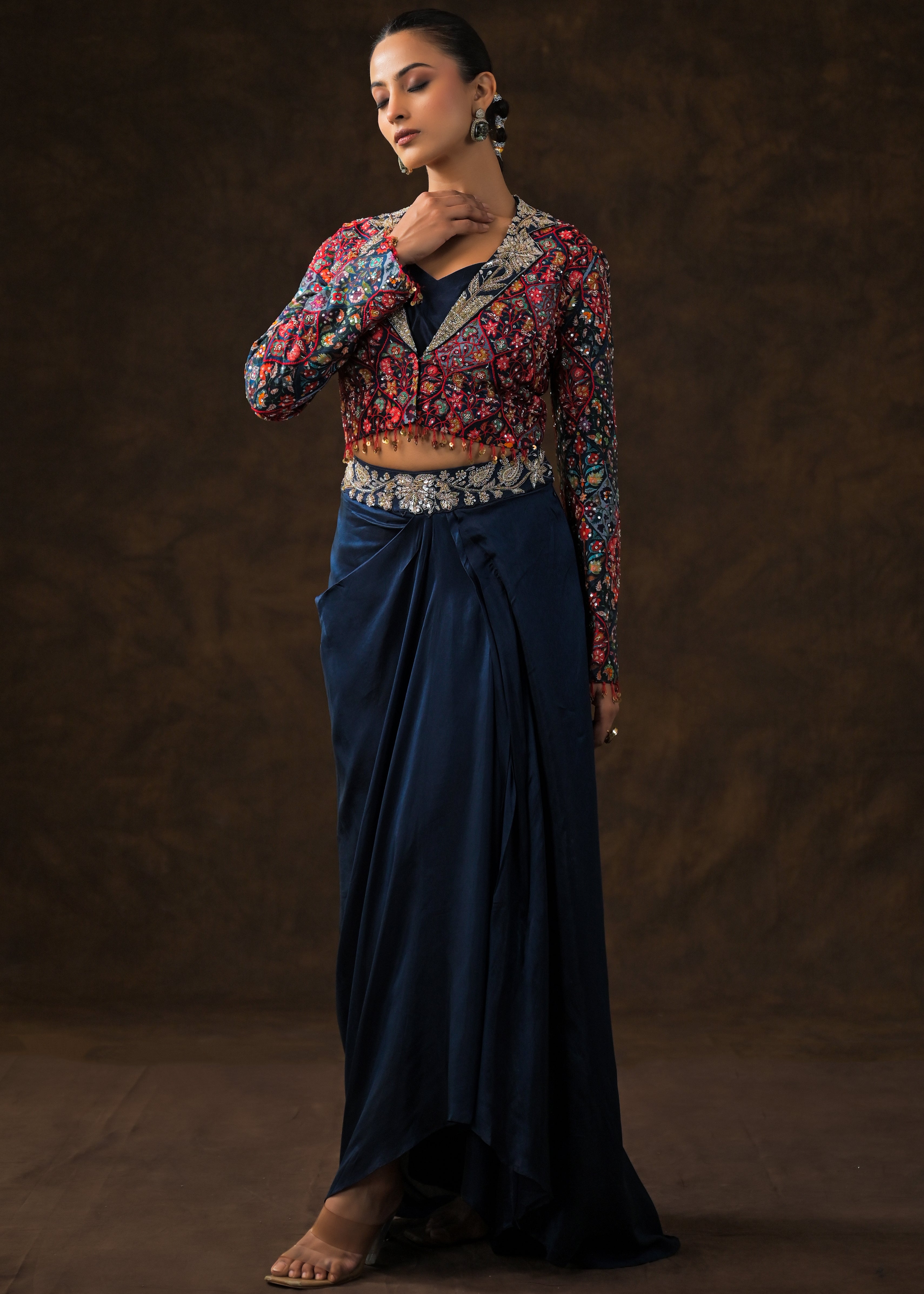 Cosmos Blue Embellished Raw Silk Skirt Set