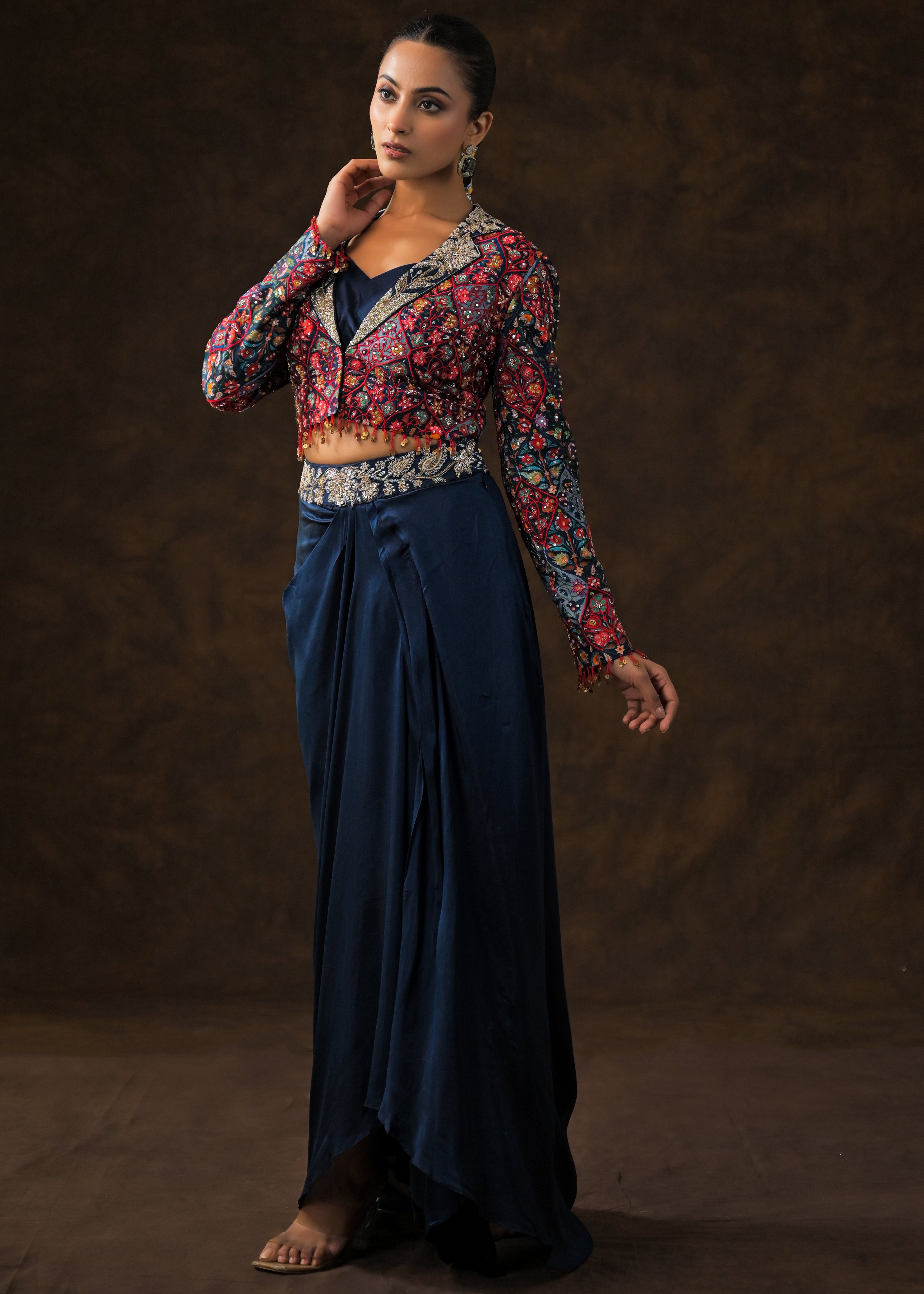 Cosmos Blue Embellished Raw Silk Skirt Set