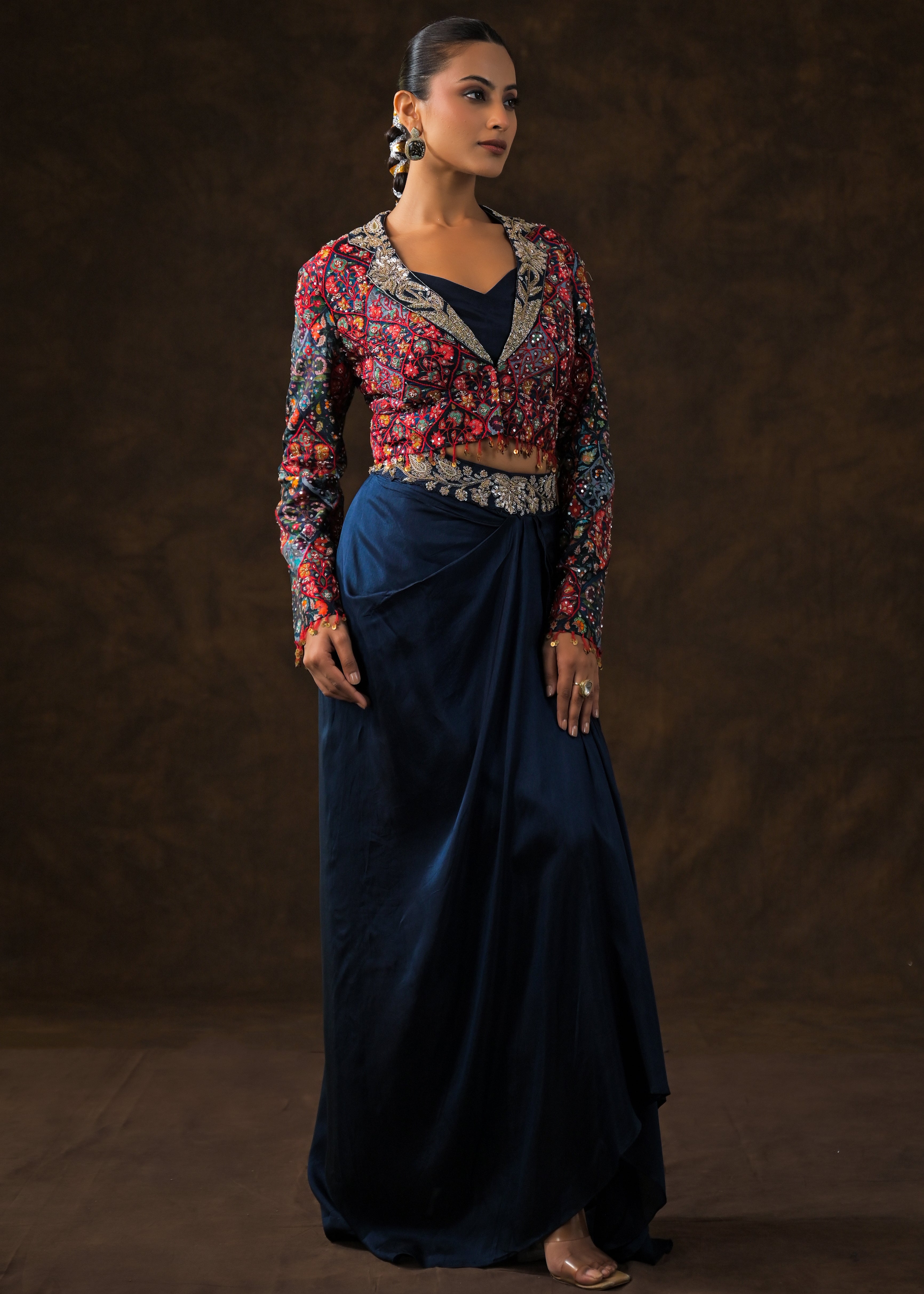 Cosmos Blue Embellished Raw Silk Skirt Set