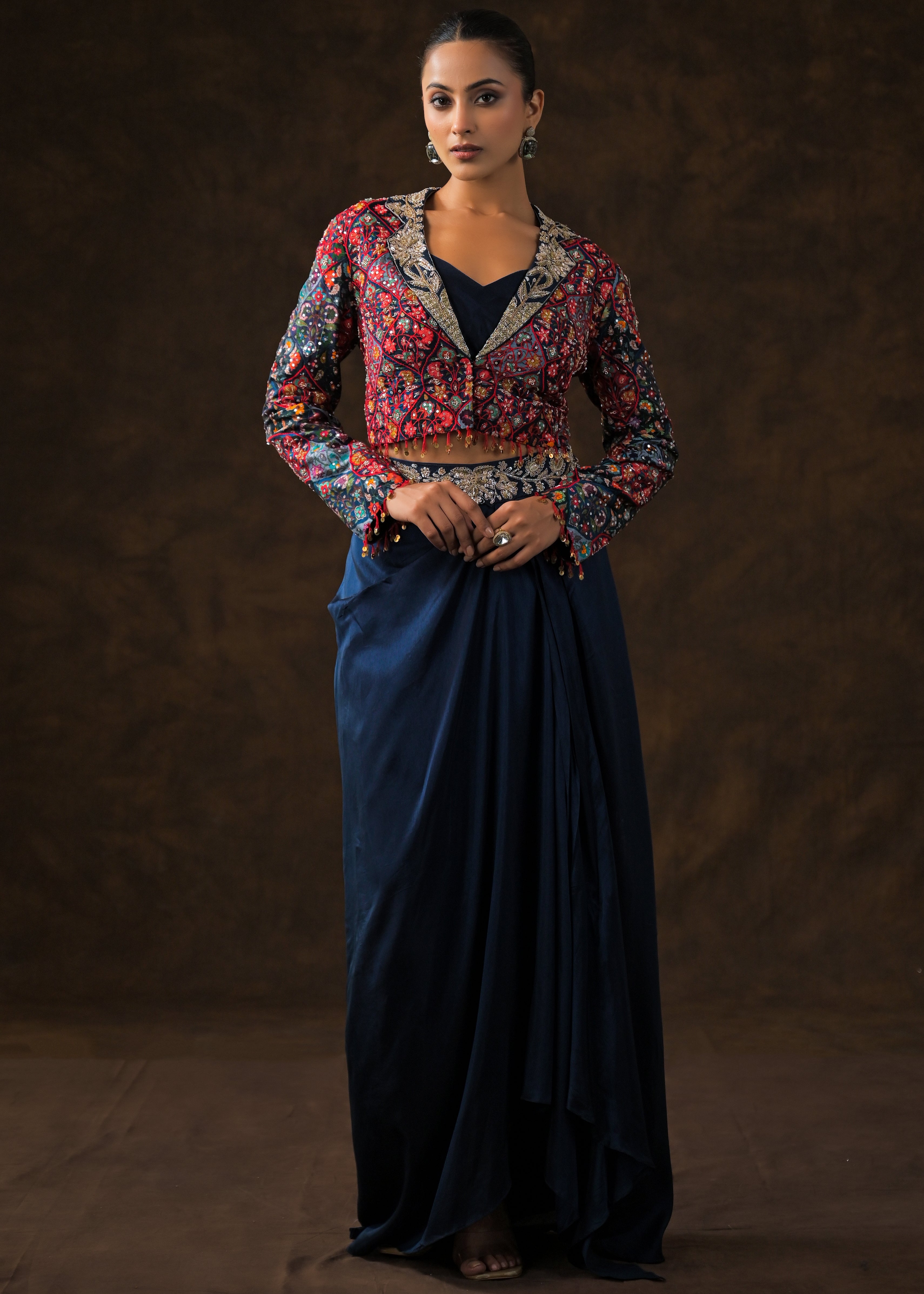 Cosmos Blue Embellished Raw Silk Skirt Set