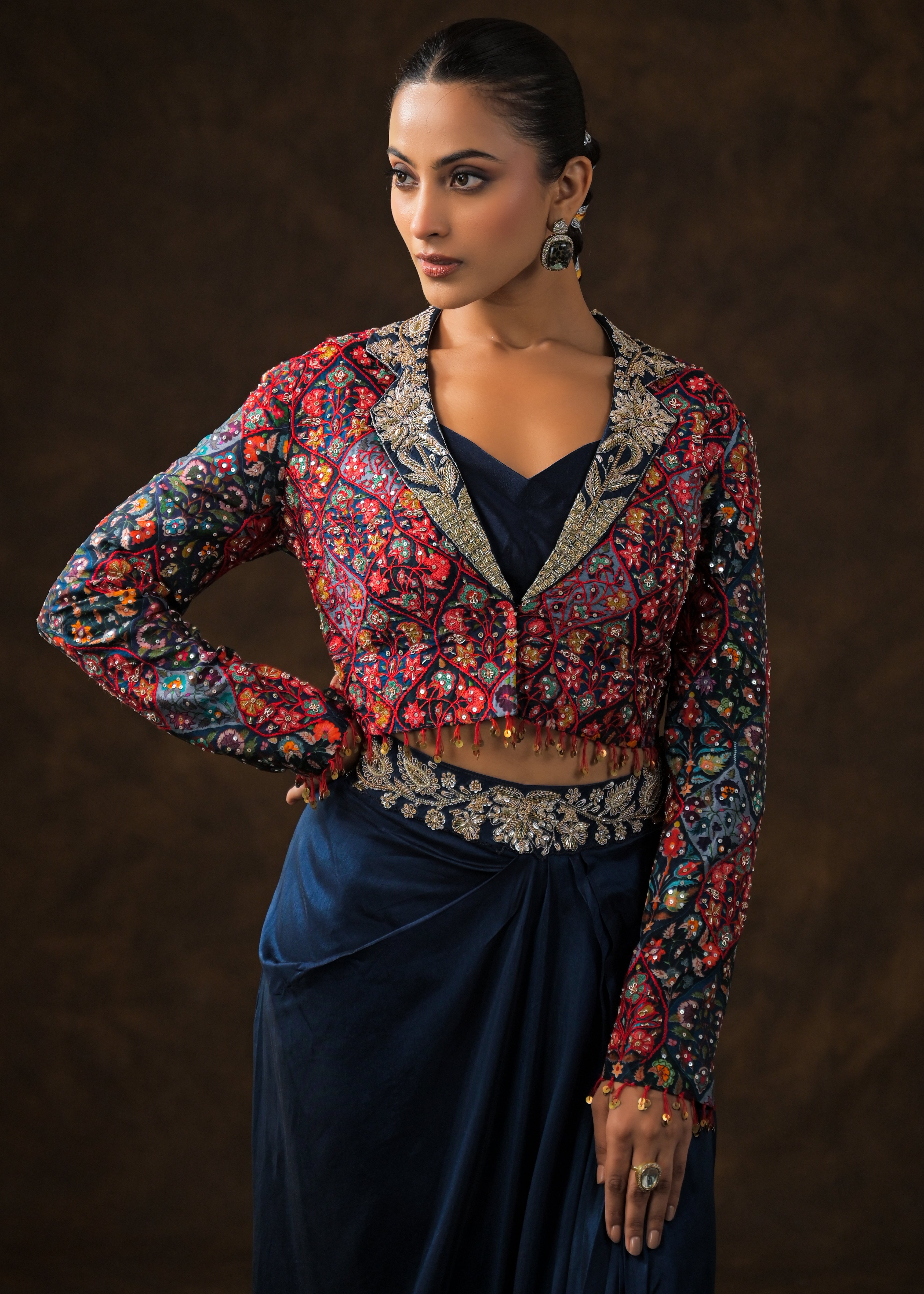 Cosmos Blue Embellished Raw Silk Skirt Set