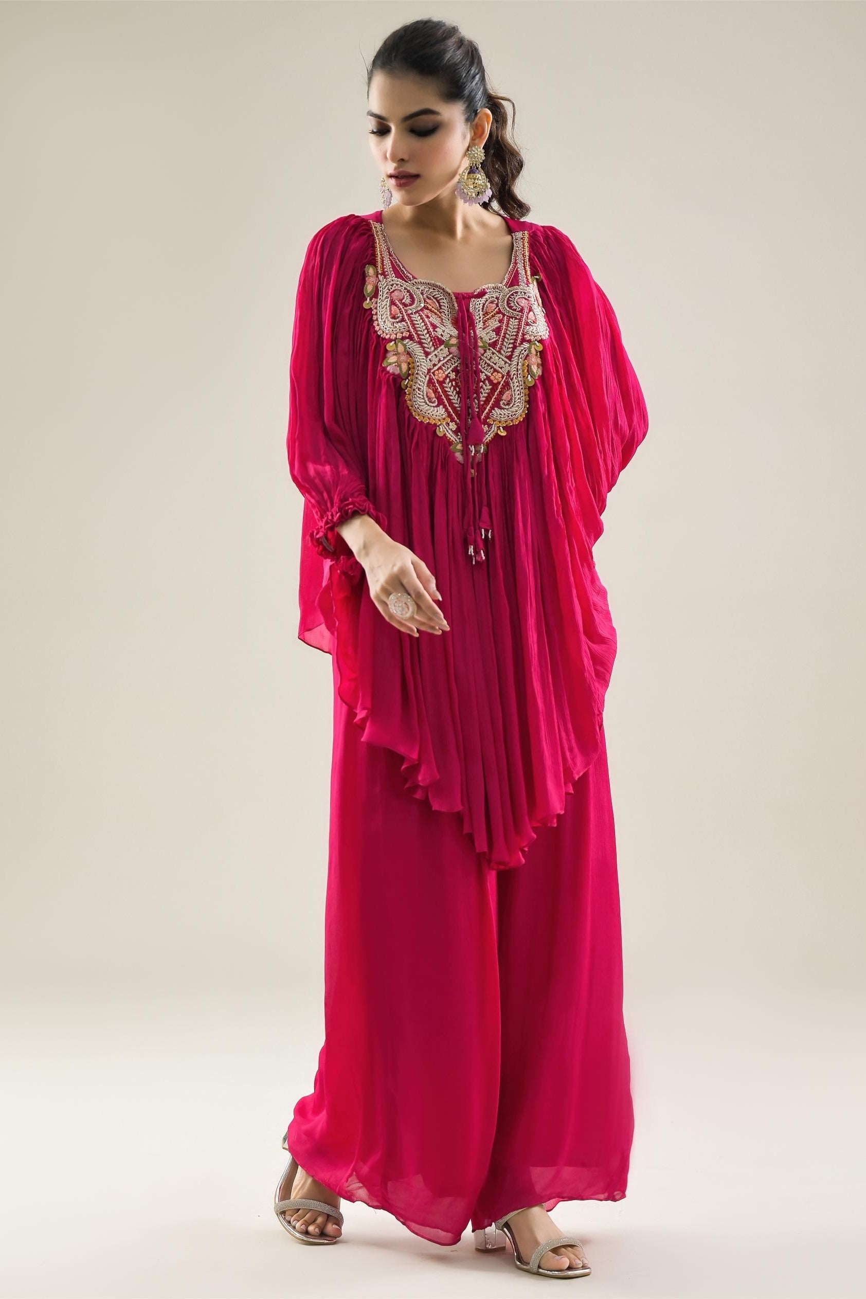 Rani Pink Embroidered Chinon Silk Kaftan & Palazzo Set