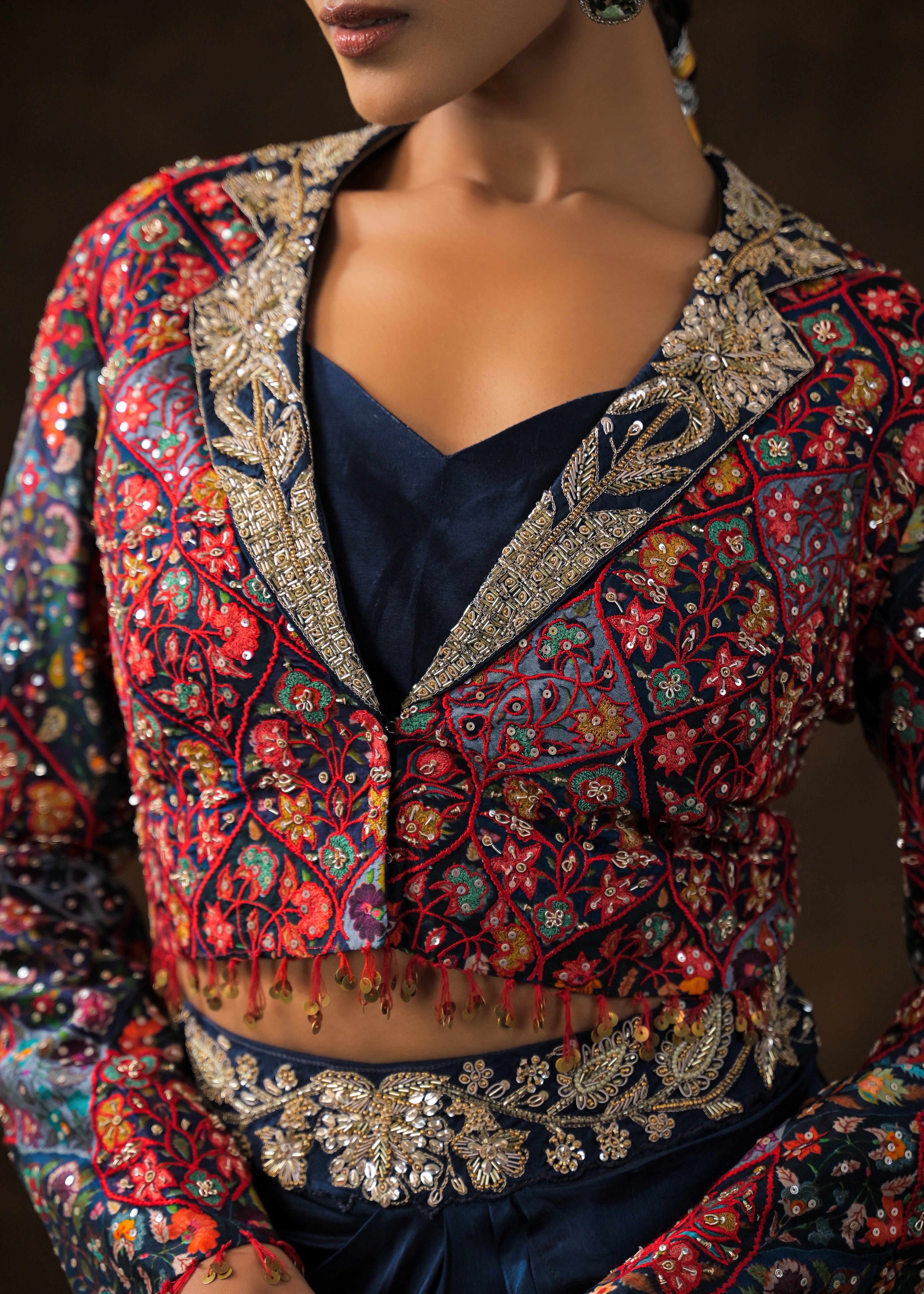 Cosmos Blue Embellished Raw Silk Skirt Set