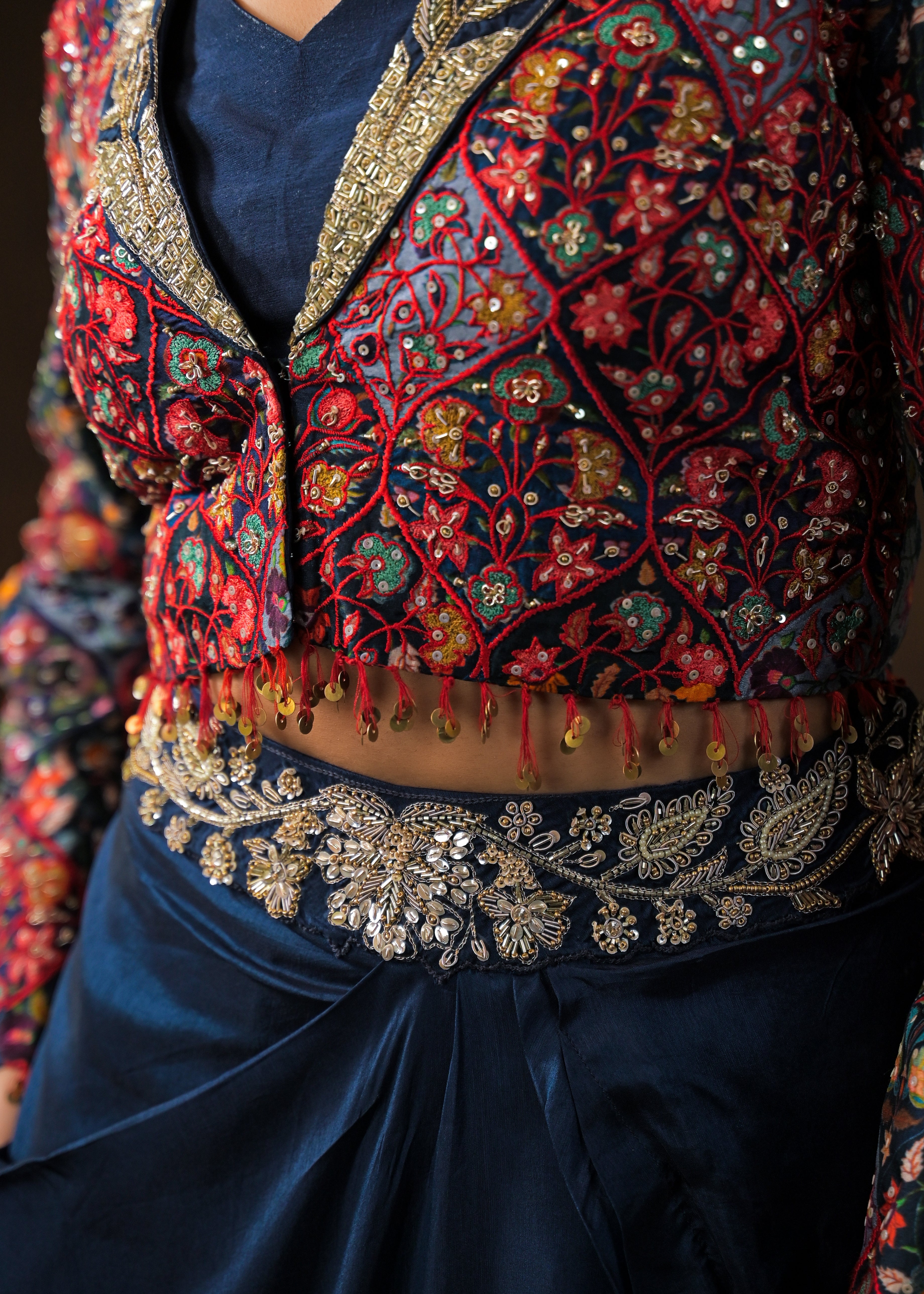 Cosmos Blue Embellished Raw Silk Skirt Set