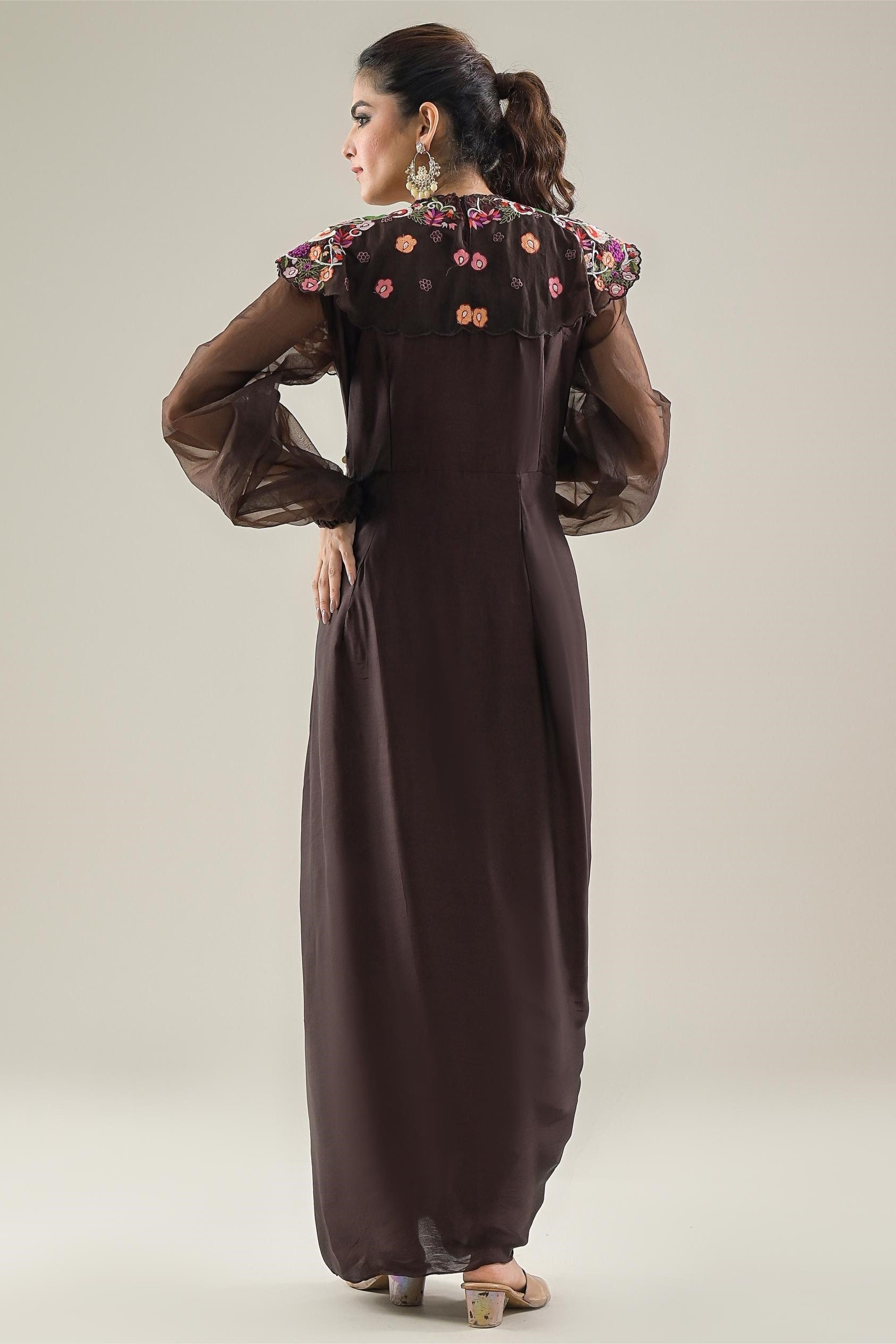 Brown Embroidered Satin Silk Draped Dress