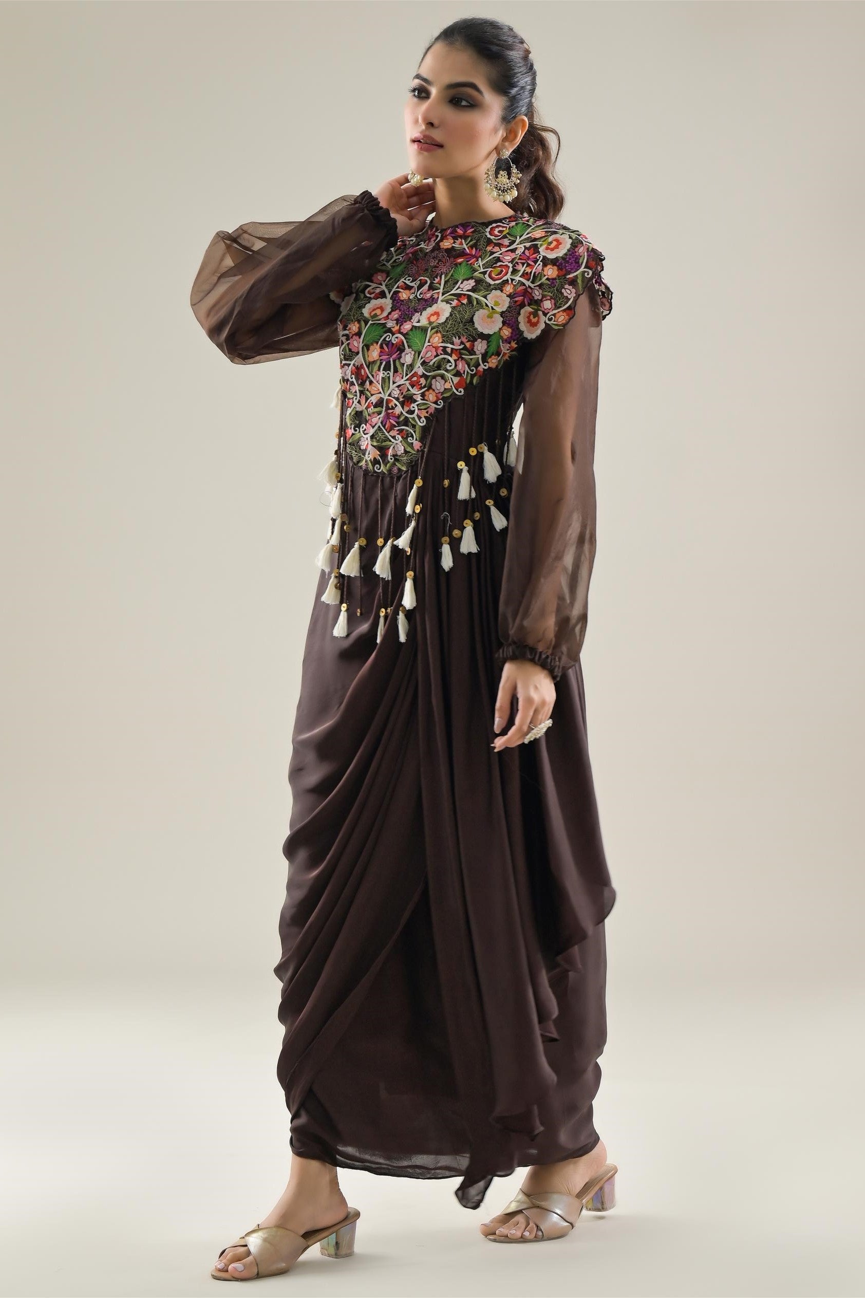 Brown Embroidered Satin Silk Draped Dress